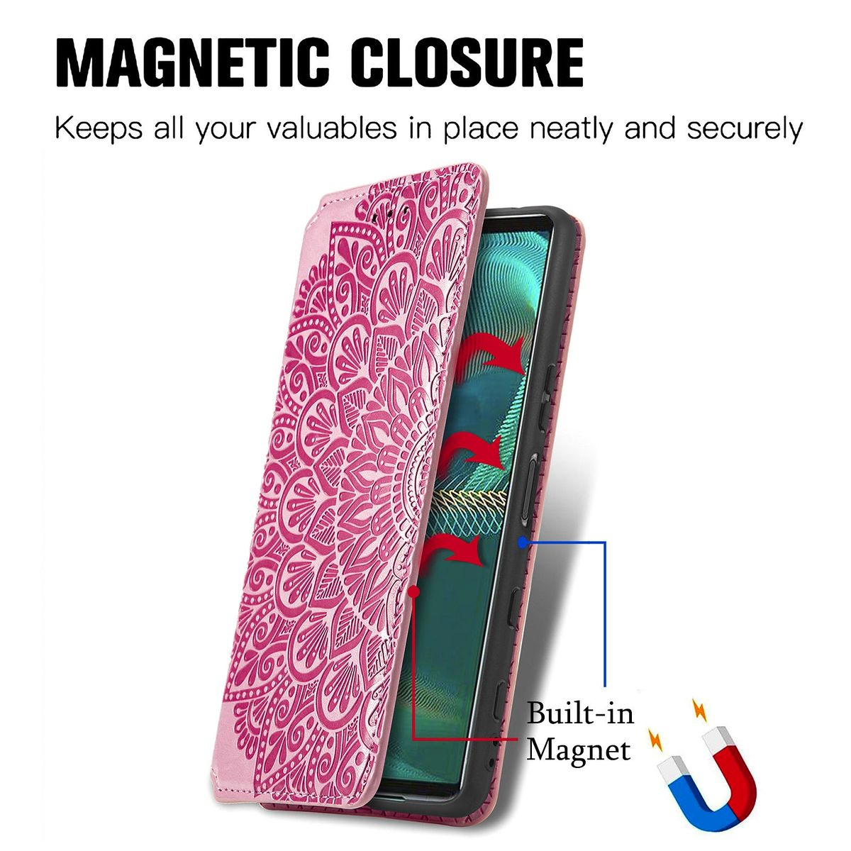 Rosa Handyhülle mit Mandala-Design, offen, um ein Telefon zu zeigen.
