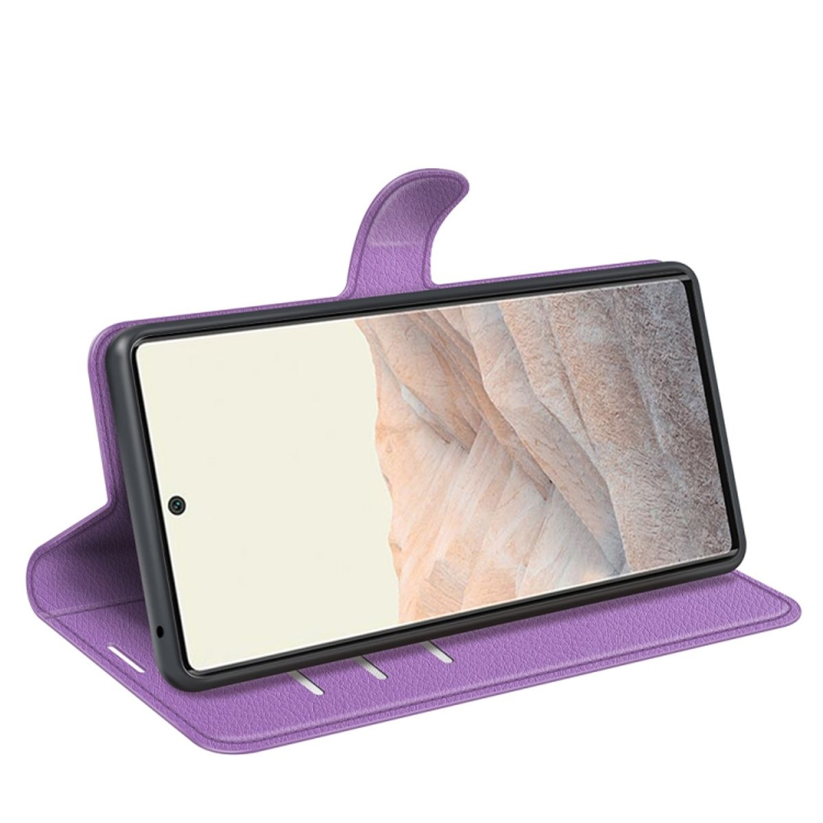 Eine lila Handyhülle mit einem Telefon darin. Der Bildschirm des Telefons ist sichtbar.