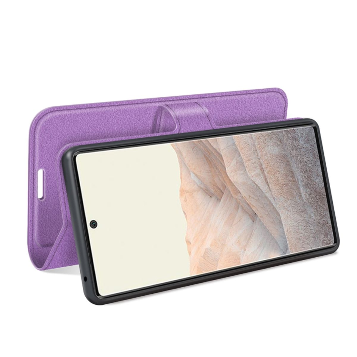 Violette Handyhülle mit strukturierter Oberfläche, hält ein Telefon. Der Bildschirm ist sichtbar.