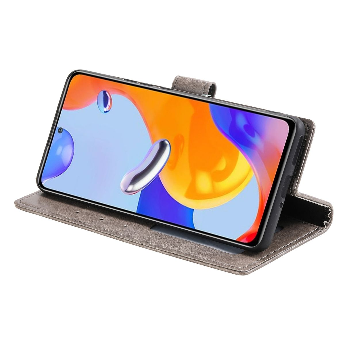 Telefon in grauer Hülle, gekippt, um den Bildschirm zu zeigen, mit orangefarbenem und blauem Hintergrund.