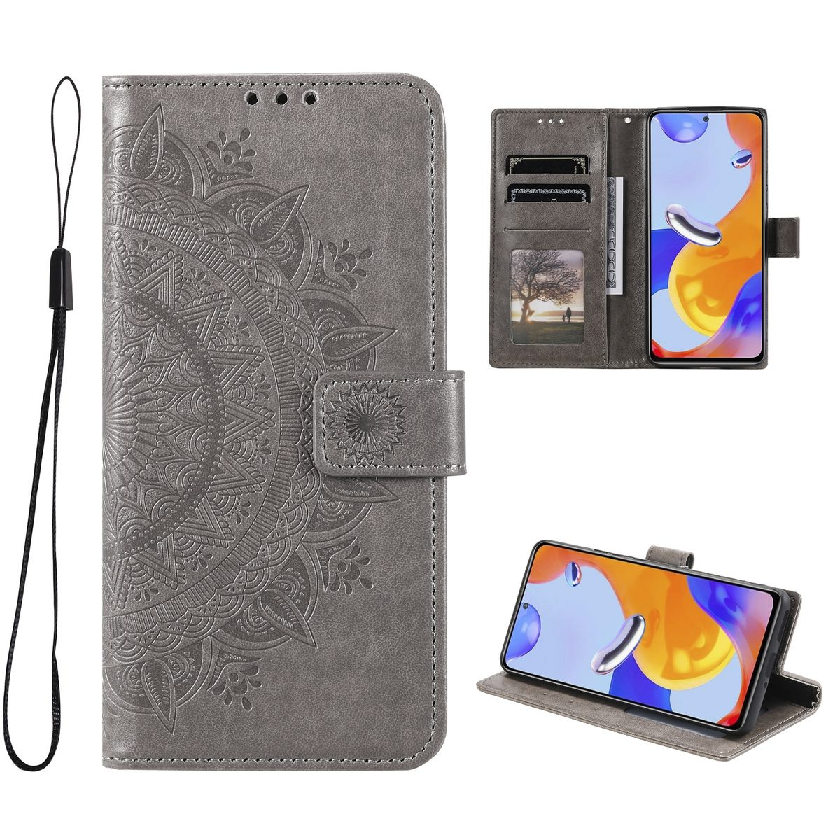 Graue Handyhülle mit Mandala-Design und Telefon darin.