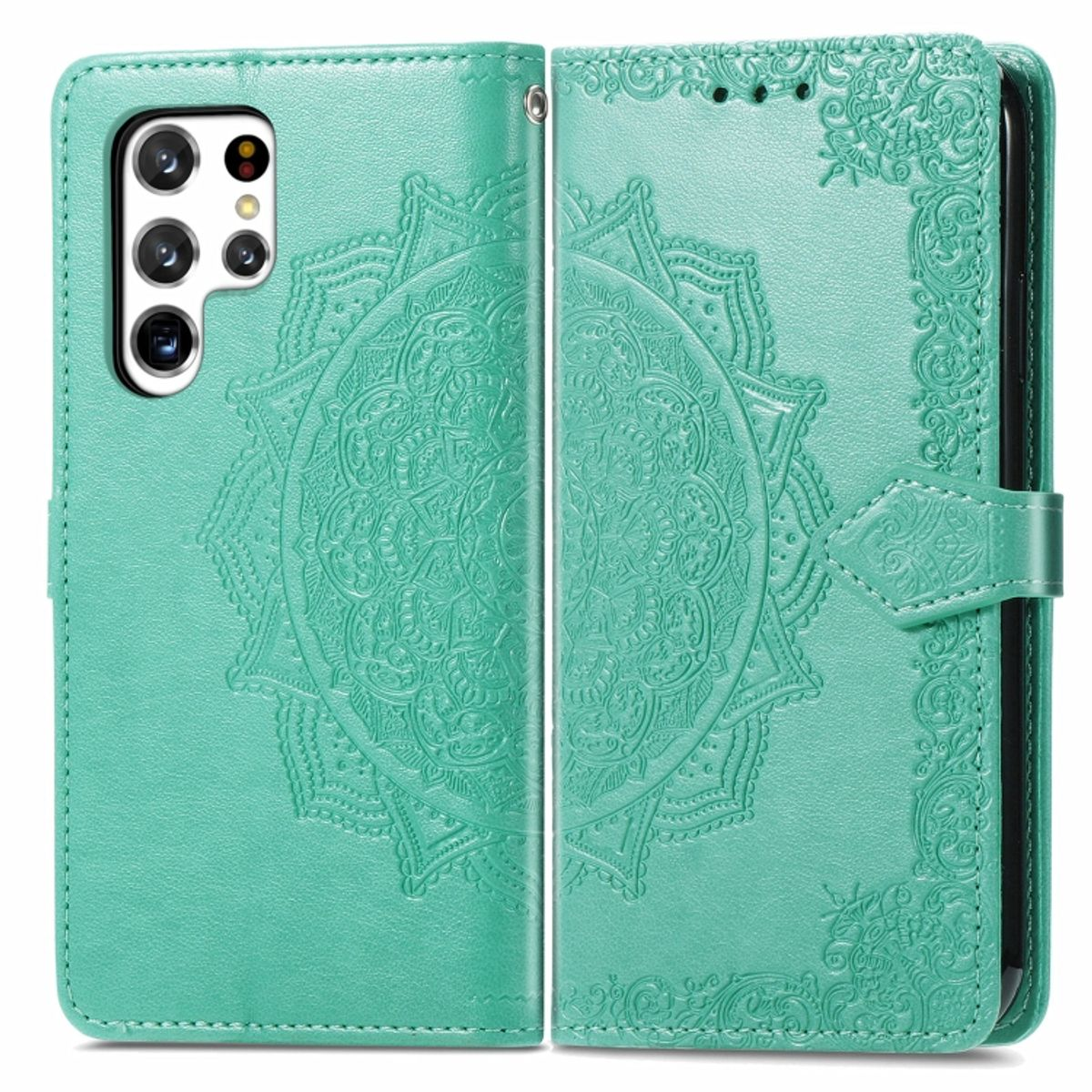 Grüne Handyhülle mit Mandala-Design. Die Hülle ist offen und gibt das Telefon im Inneren frei. Detaillierte Schnitzerei.