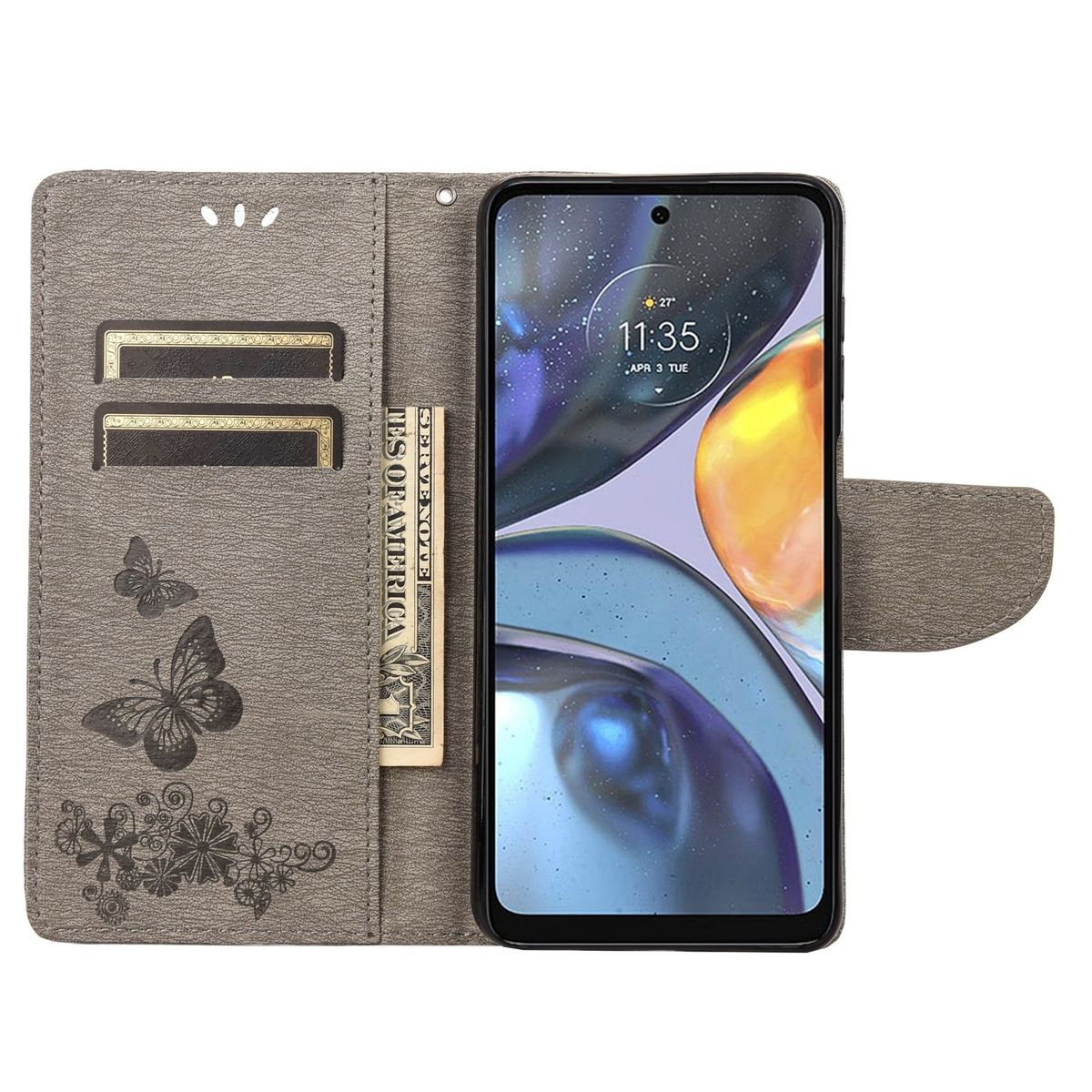 Graue Handyhülle mit Schmetterlingen und Blumen. Telefon mit Display.