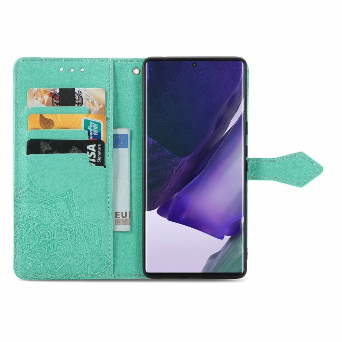Türkisfarbene Handyhülle mit Karten und Geld. Das Telefon zeigt einen hellen Hintergrund.