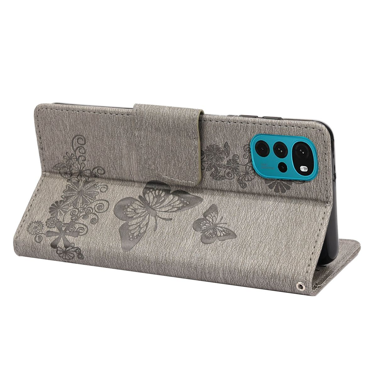 Handyhülle mit Schmetterlingsdesign. Offene Hülle mit Telefon und Ständer. Die Hülle ist grau.