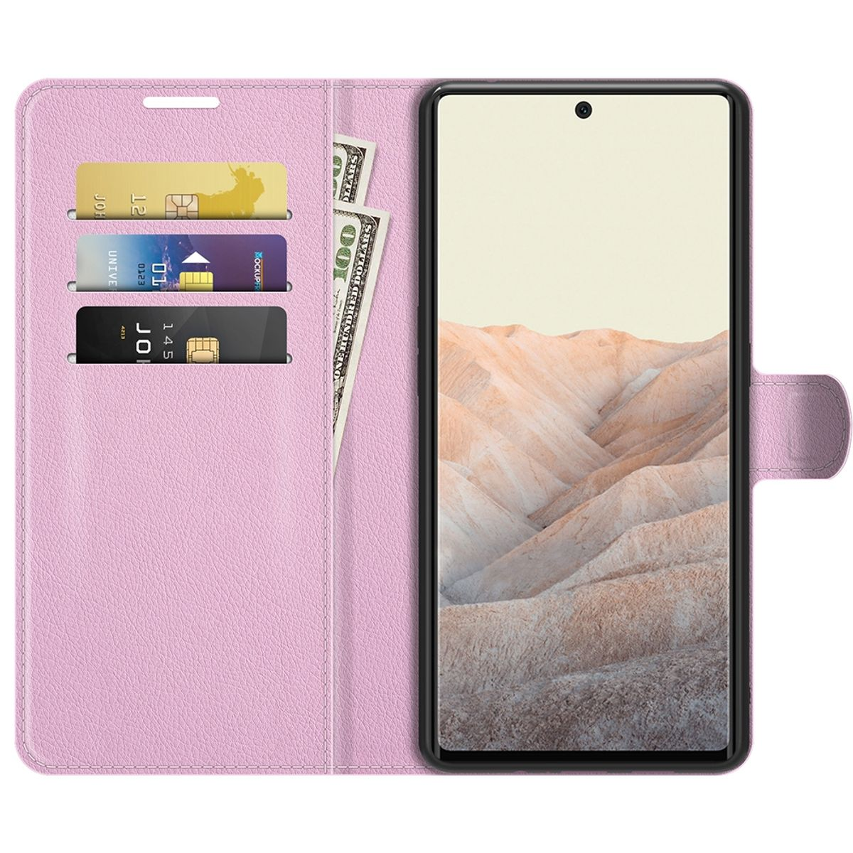 Offene, pinkfarbene Handyhülle, Telefon mit Landschaftsbildschirm. Karten und Geld innen.