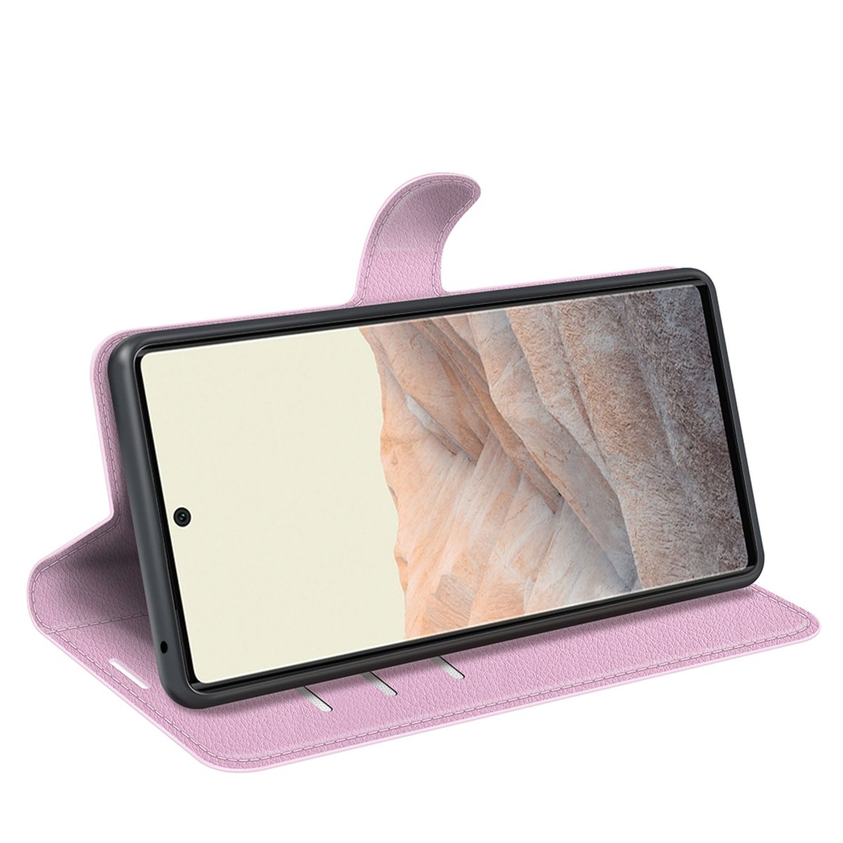 Rosa Handyhülle mit Handy. Die Hülle ist geöffnet und zeigt den Bildschirm.
