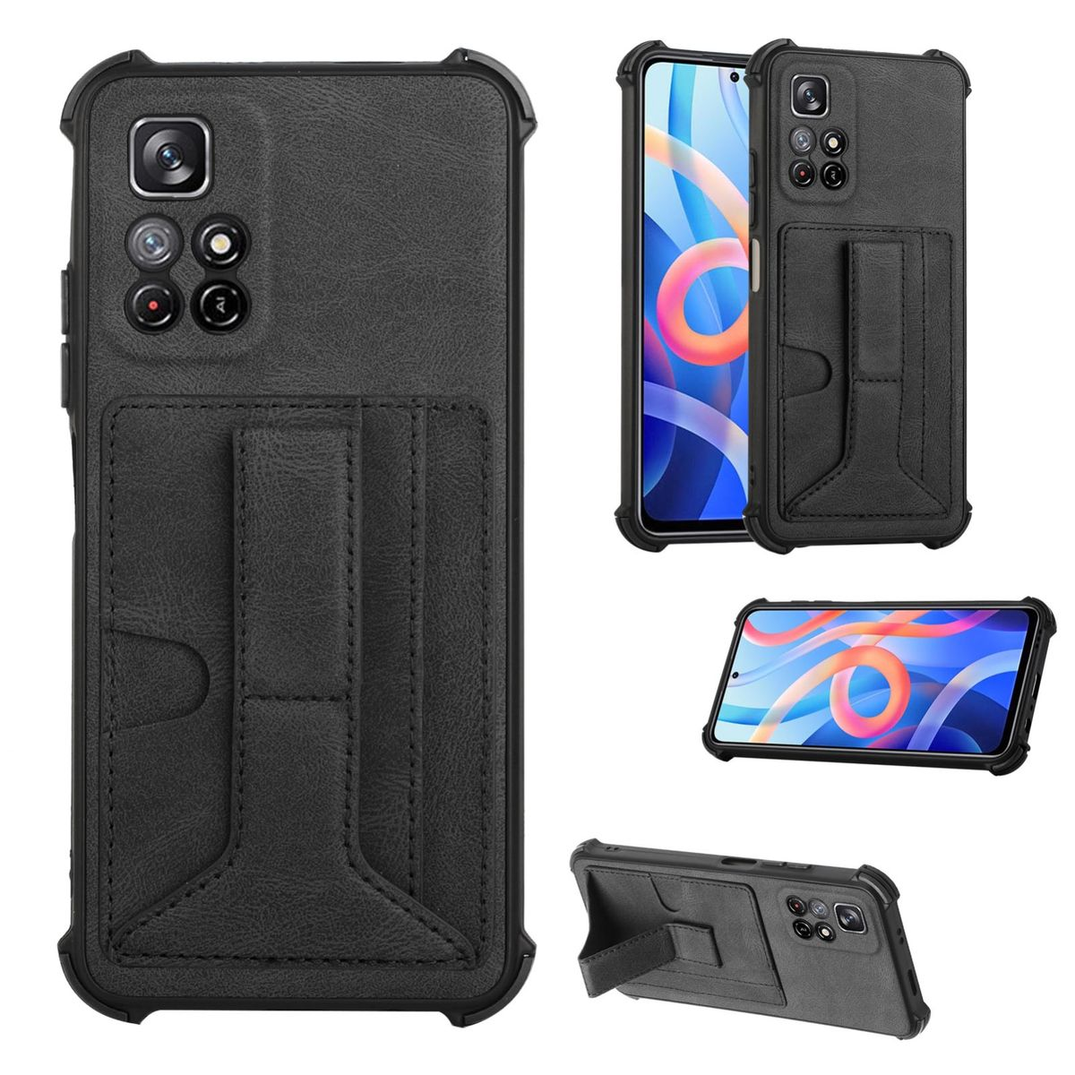 Schwarze Handyhülle mit Kartenhalter und Telefon. Es hat ein robustes Design.