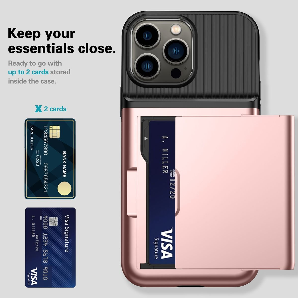 Handyhülle mit Karten und einem Telefon. Rosa und schwarze Farben. Weißer Hintergrund.