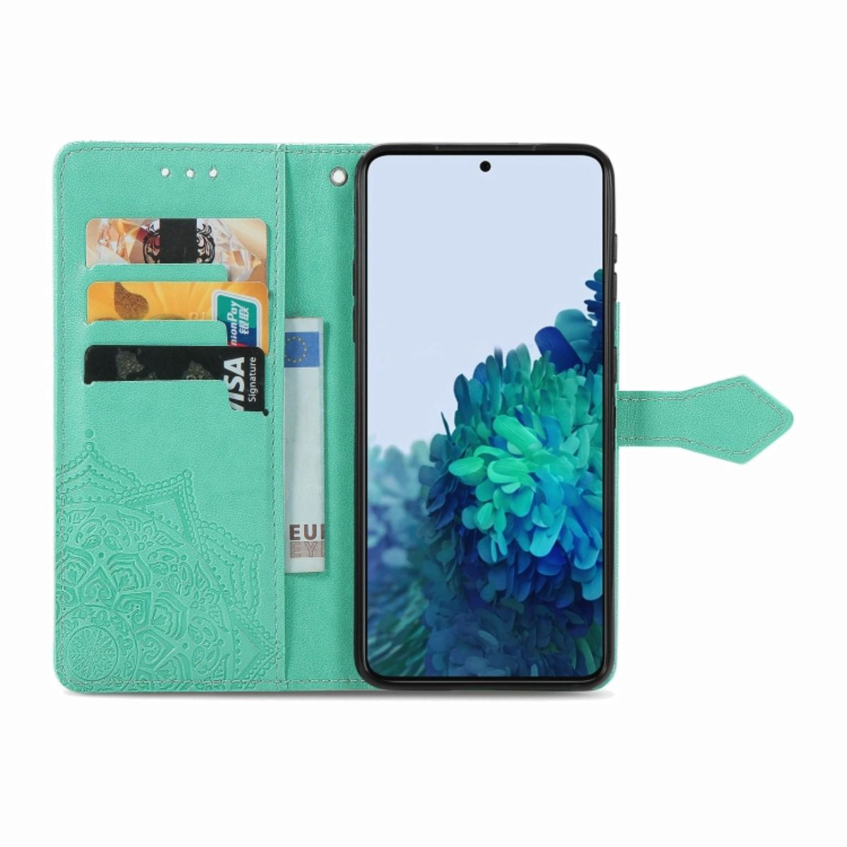 Türkis Handyhülle geöffnet mit Karten und Telefon, Mandala-Design.