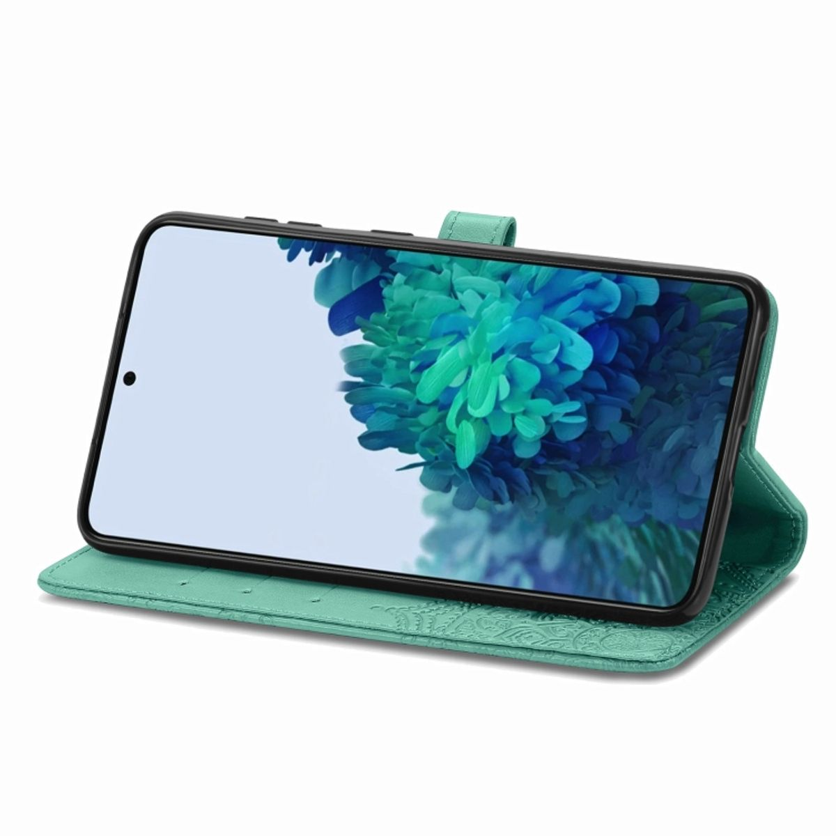 Offene grüne Handyhülle mit Telefon innen, zeigt ein florales Hintergrundbild.