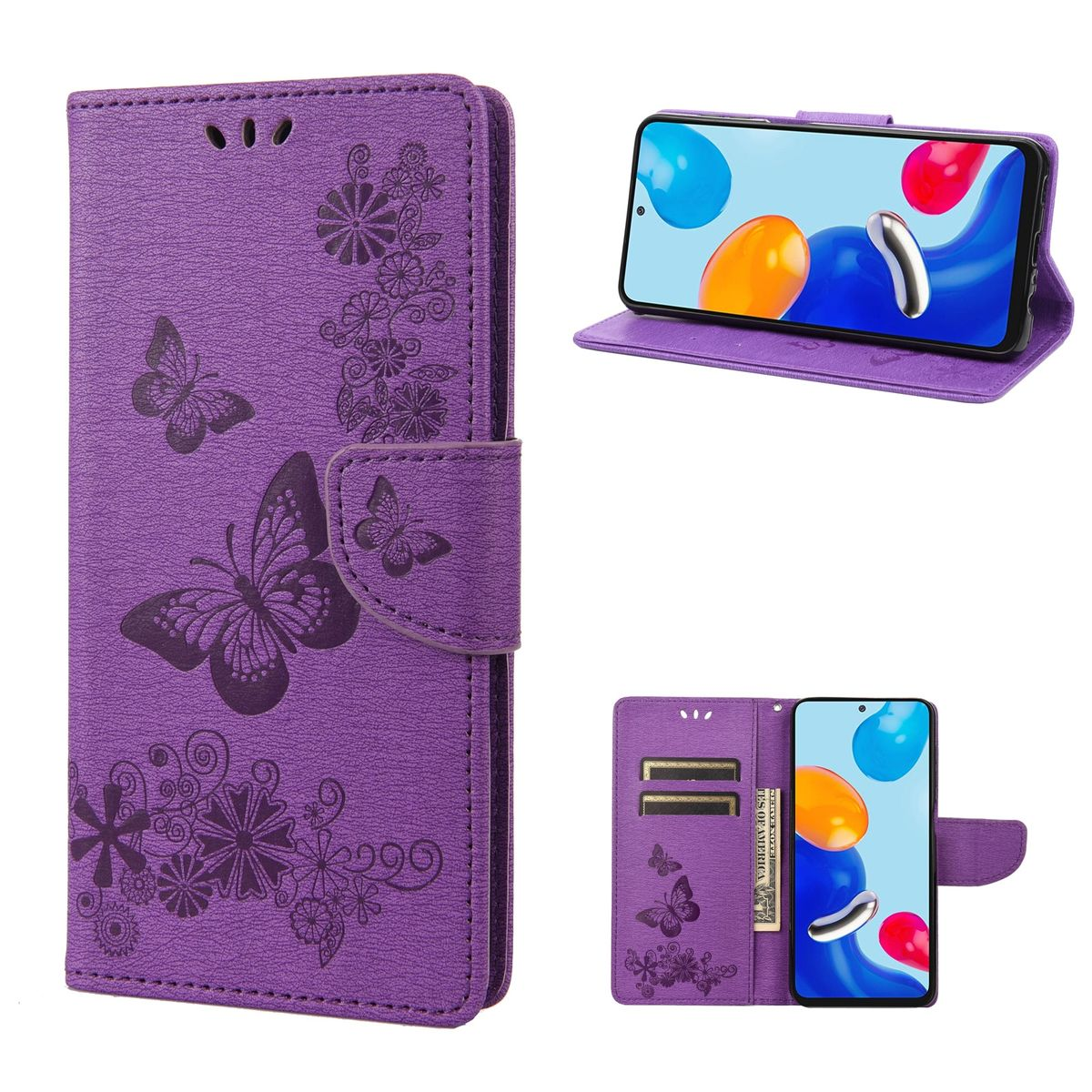 Lila Handyhülle mit Schmetterlingen und Blumen, zeigt Telefon und Display.