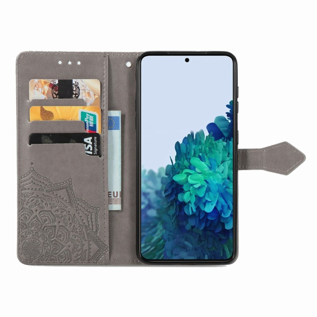 Graue Handyhülle, offen, mit Telefon, Karten und Geld. Blumendesign.