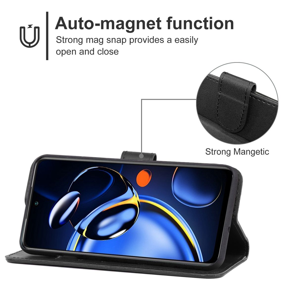 Schwarze Handyhülle, offen, Telefon zeigt einen blauen und gelben abstrakten Hintergrund. Text über Auto-Magnetfunktion.