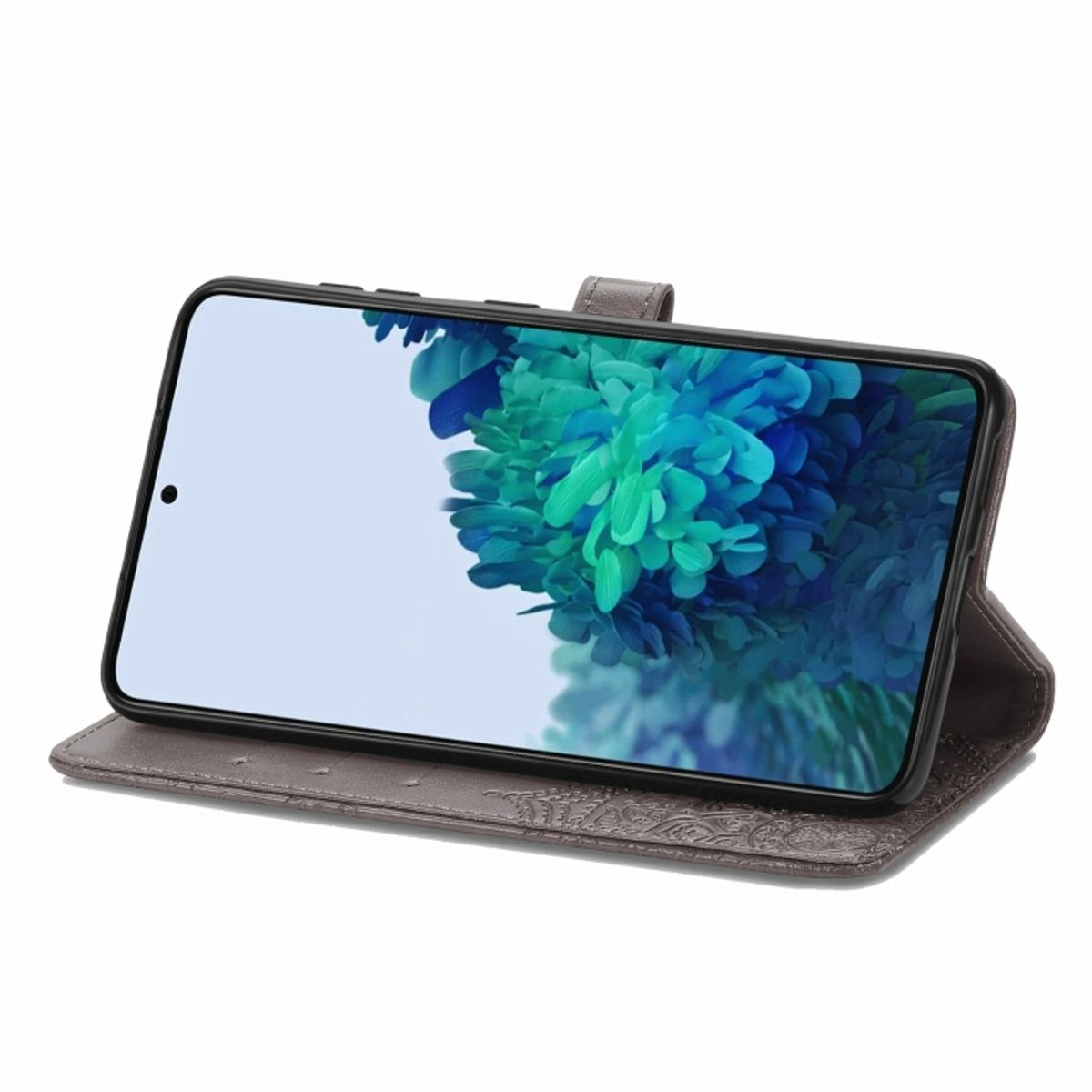 Geöffnete graue Handyhülle, zeigt ein Telefon mit buntem abstrakten Bild auf dem Bildschirm.