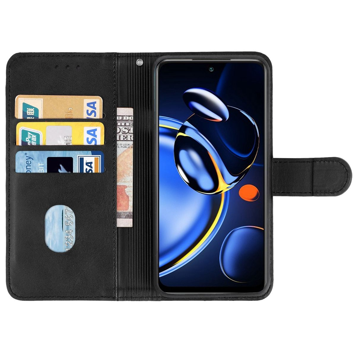 Schwarze Handyhülle offen mit Telefon. Karten und Geld in den Schlitzen. Blaues und gelbes Hintergrundbild.