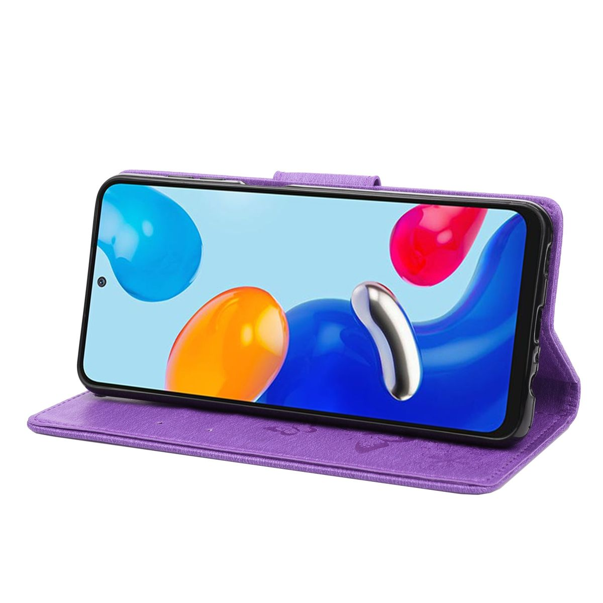 Eine lila Handyhülle, die ein Telefon hält. Der Telefonbildschirm zeigt bunte Formen.