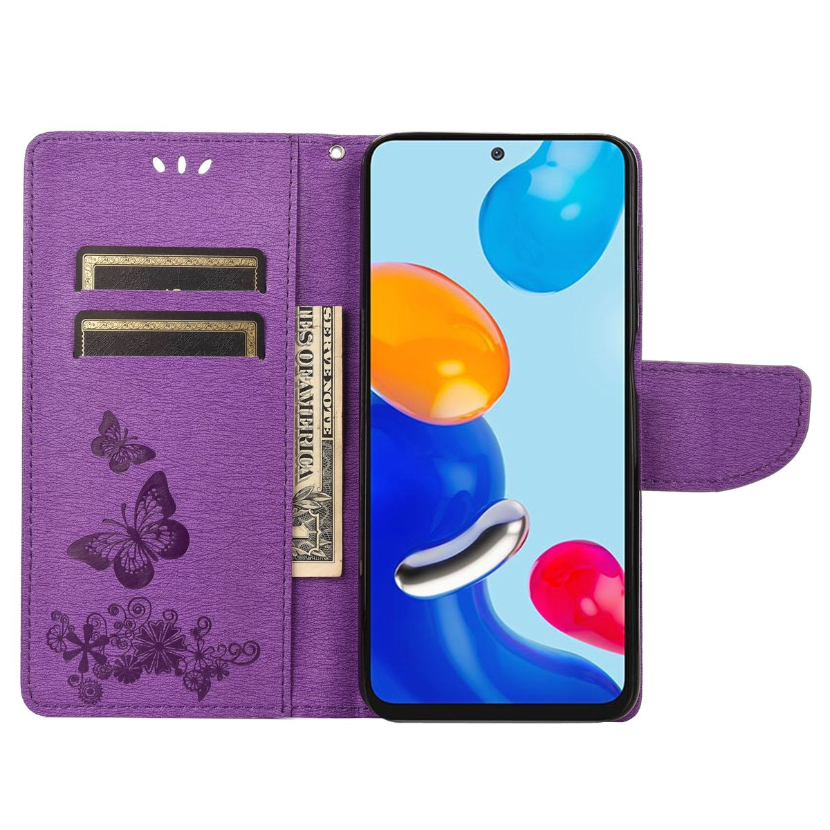 Lila Handyhülle, offen, mit Telefon und Schmetterlingsdesign.