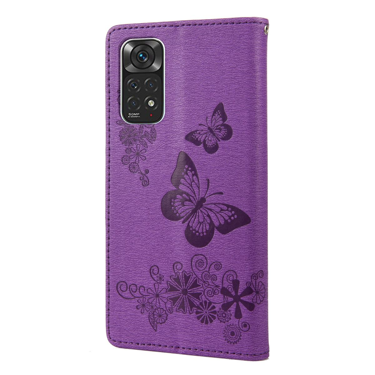 Lila Handyhülle mit Schmetterlingen und floralem Design. Das Telefon ist nicht im Etui.