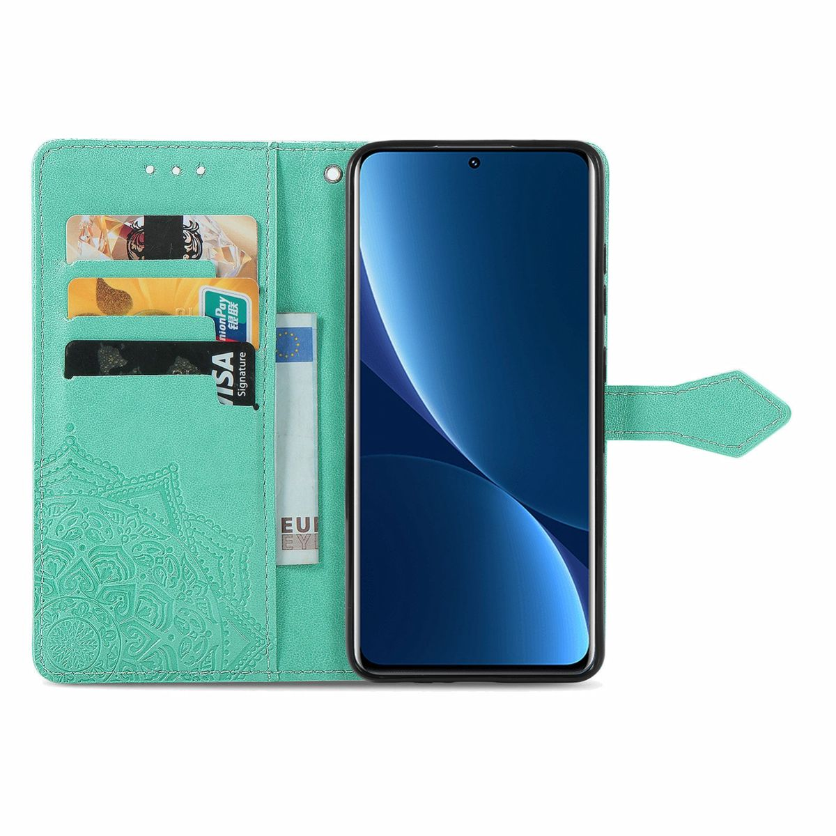 Offene, türkisfarbene Handyhülle, Telefon mit Bildschirm. Mandala-Design links. Karten und Geld.