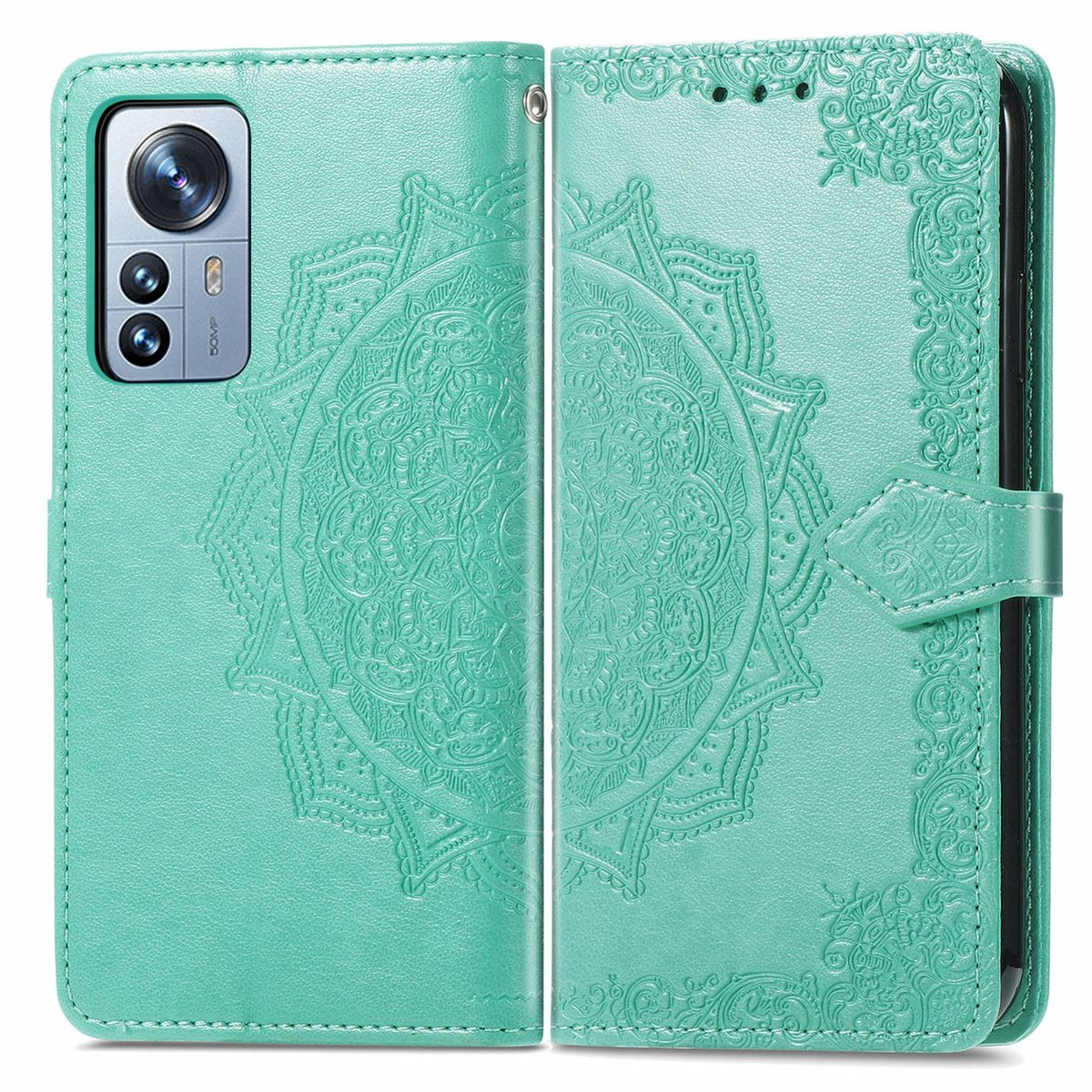 Geöffnete türkisfarbene Handyhülle mit Mandala-Design. Telefon hat Kamera links.