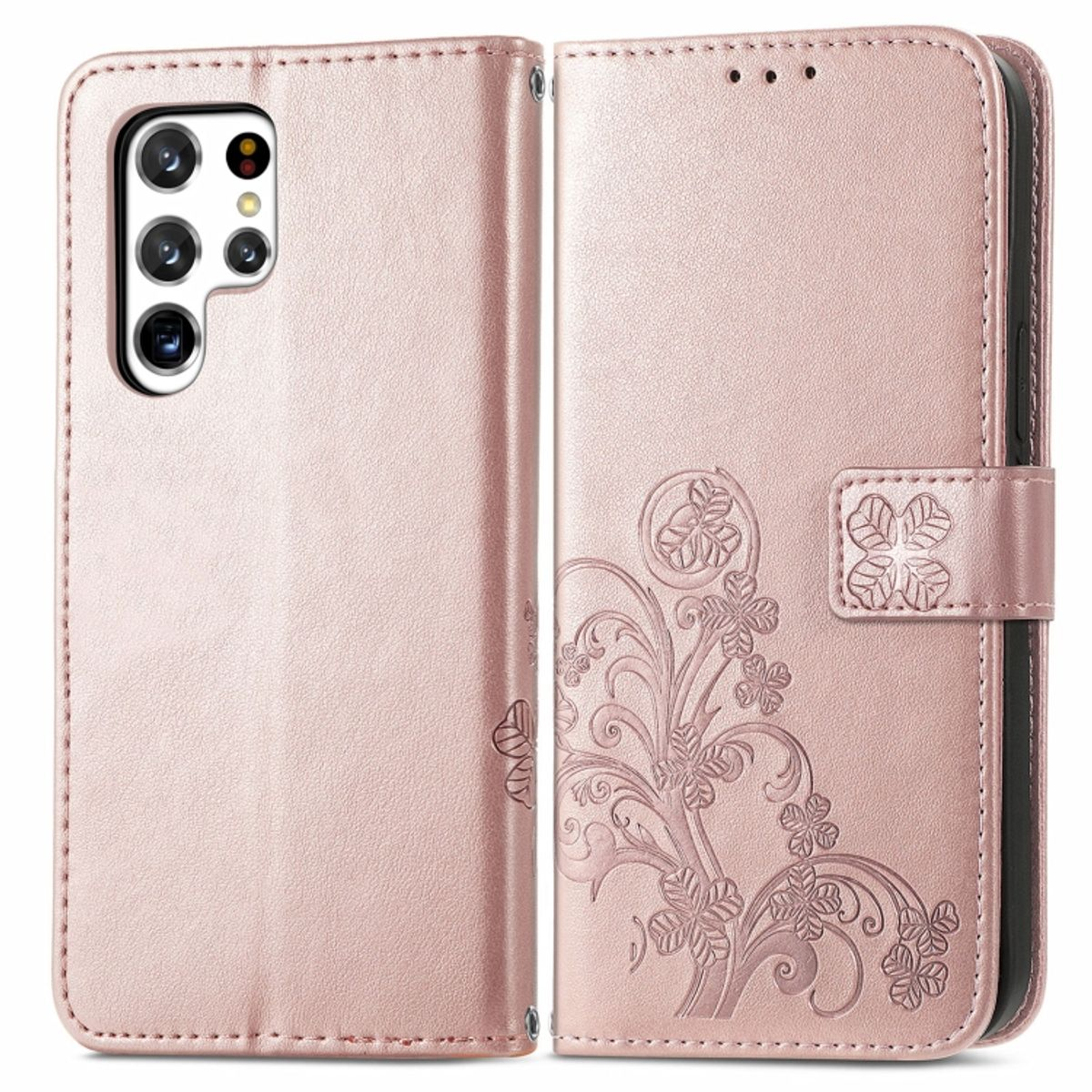 Rosa Handyhülle mit floralem Design. Der Koffer ist offen. Weißer Hintergrund.
