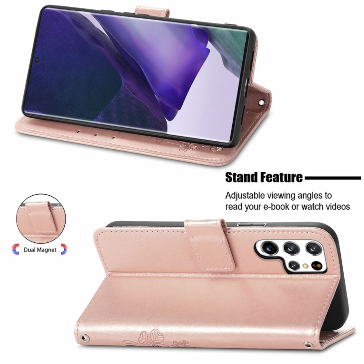 Telefon in rosa Hülle. Stützfunktion, Doppelmagnet. Text: Stützfunktion.