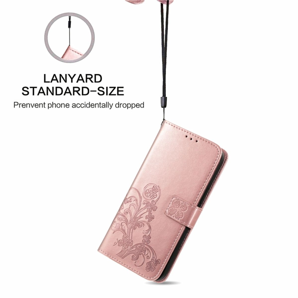 Eine rosa Handyhülle mit Umhängeband wird gezeigt. Es ist offen mit floralem Design.