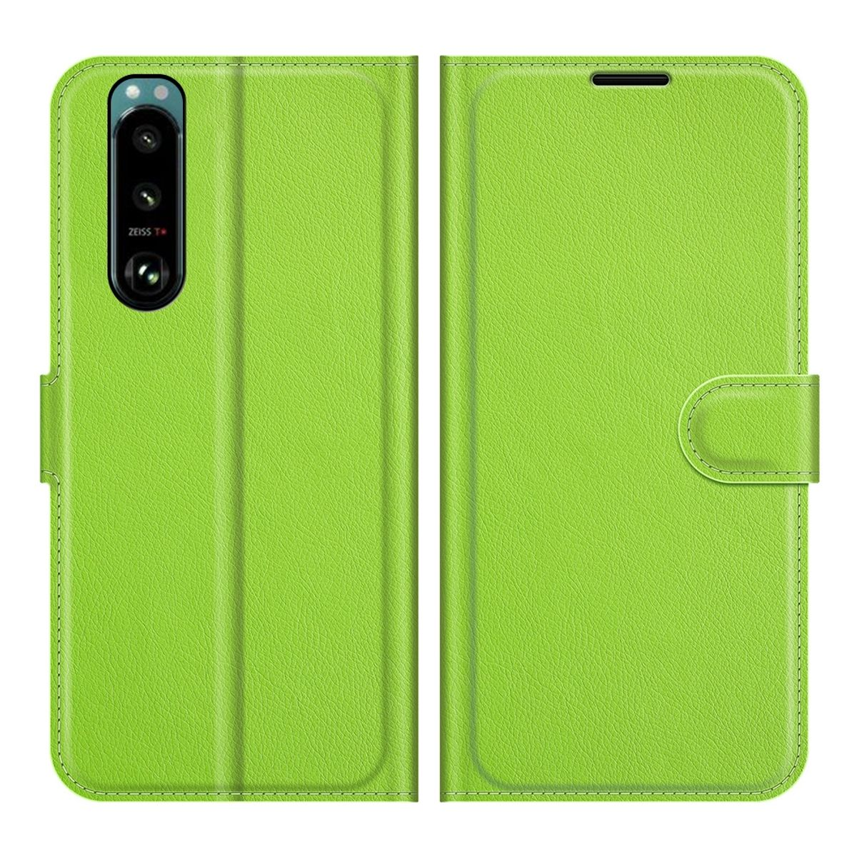 Grüne Handyhülle, geöffnet, mit Telefon im Inneren. Das Telefon hat das ZEISS-Logo.