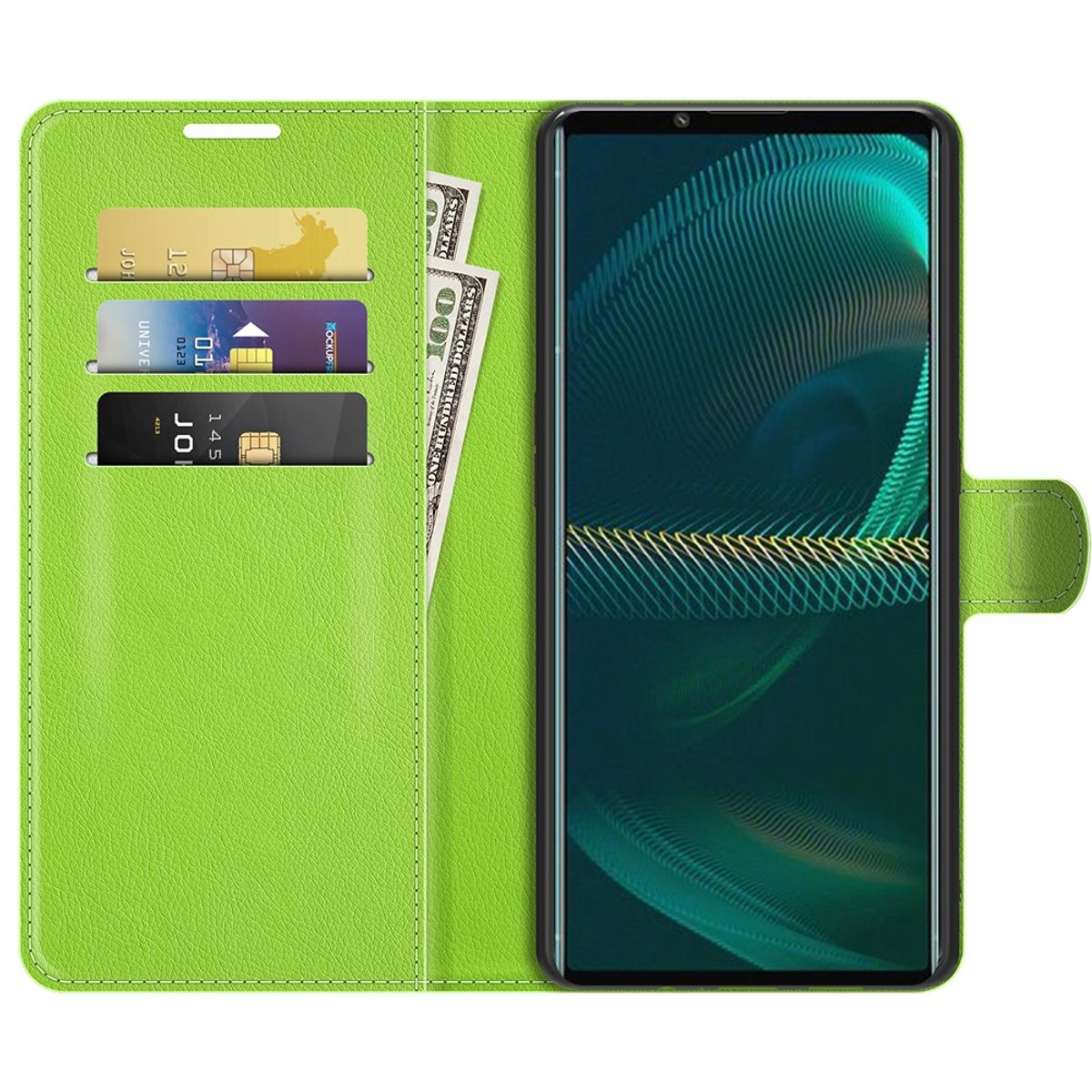 Geöffnete grüne Handyhülle mit Karten und Bargeld. Telefon zeigt grüne Kunst.