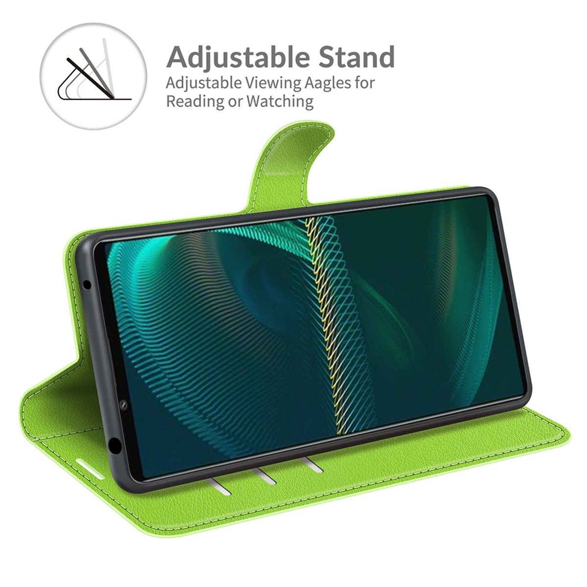 Grüne Handyhülle mit Telefon, offen und aufgestellt.