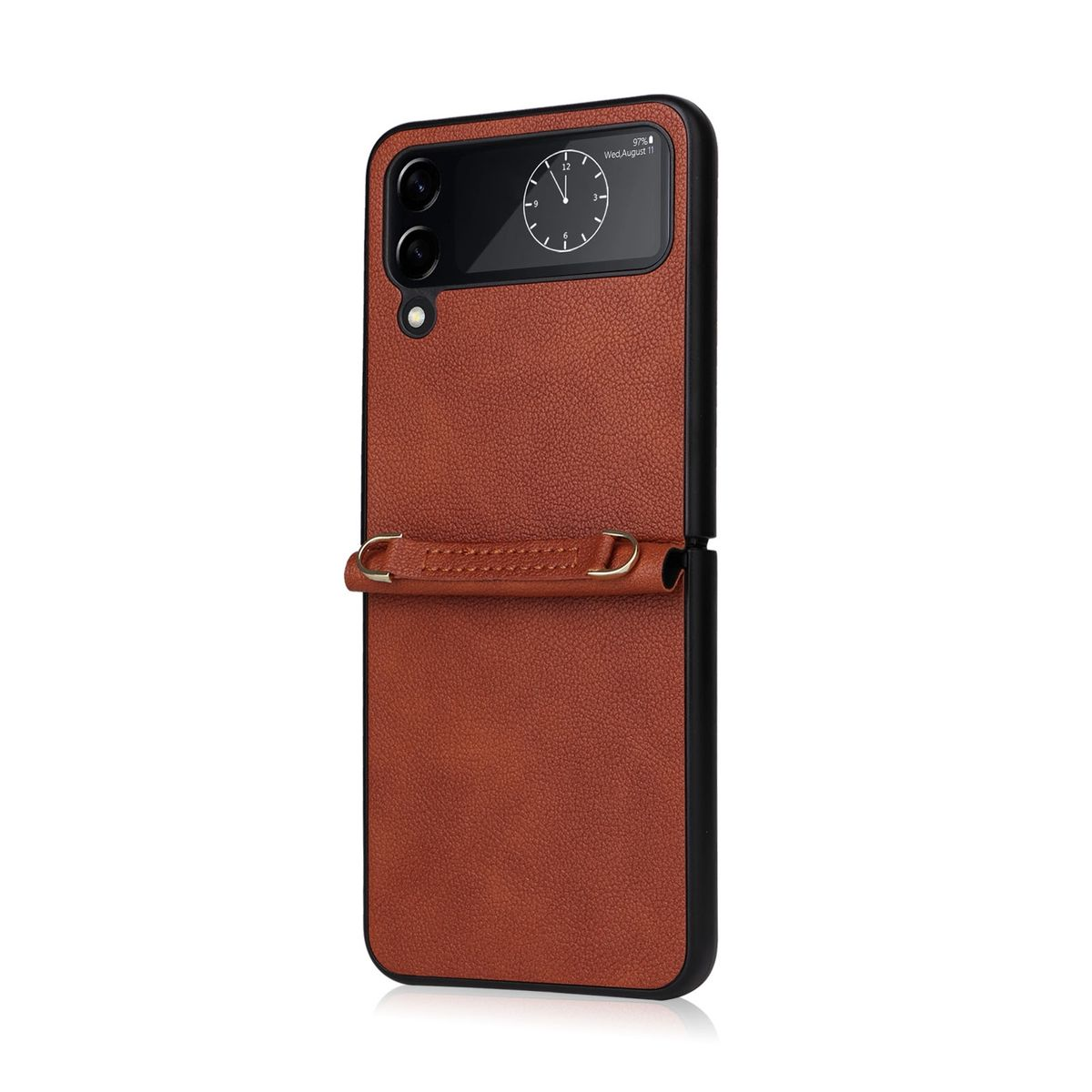 Braune Leder-Handyhülle. Telefon ist zusammengeklappt. Schwarzes Telefon innen. Weißer Hintergrund.