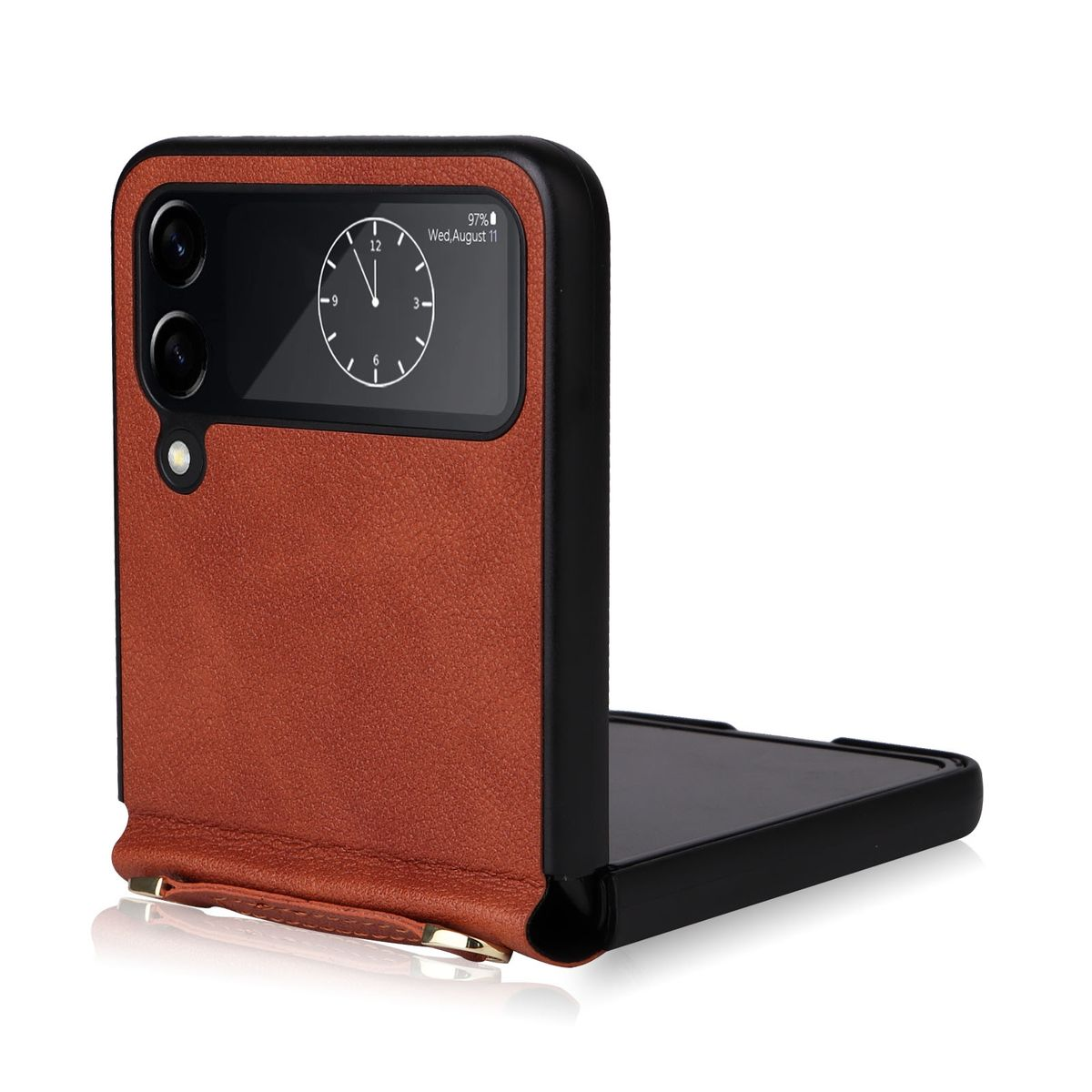 Braune Leder-Handyhülle, offen. Das Telefon ist braun und schwarz. Das Datum ist 11. August.
