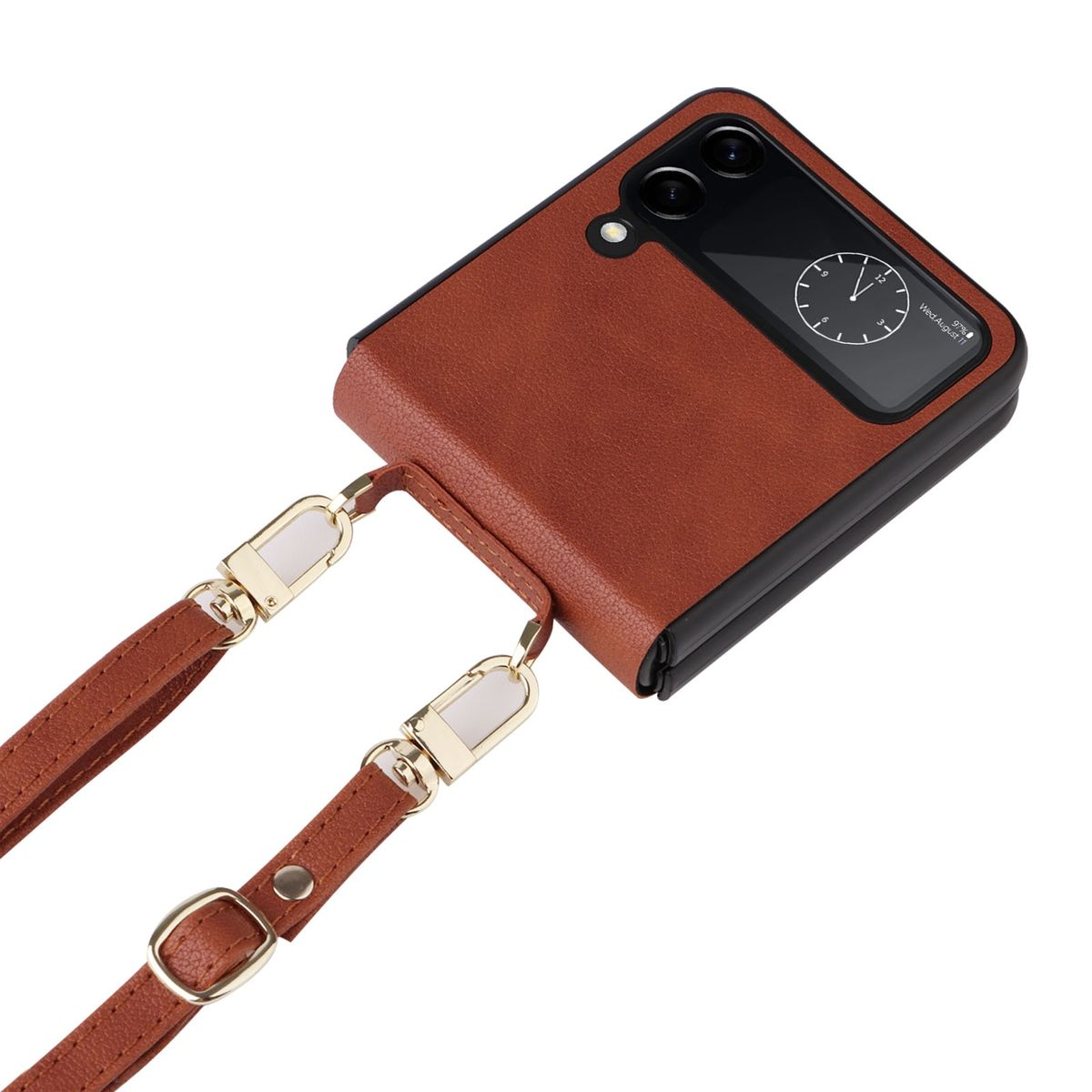 Braune Leder-Handyhülle mit Riemen. Telefon ist gefaltet.