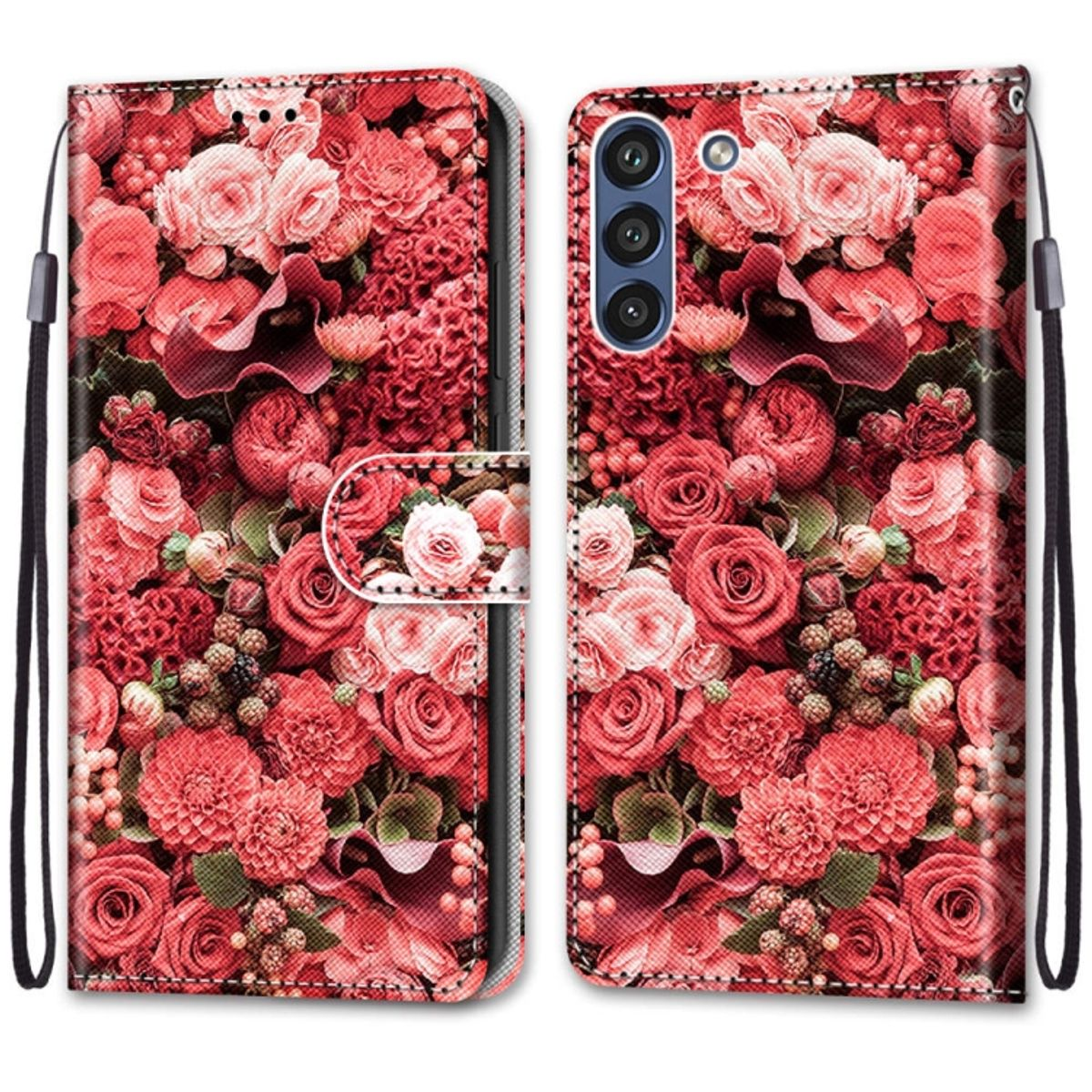 Offene Handyhülle mit Blumendesign, Telefon darin. Weißer Hintergrund.