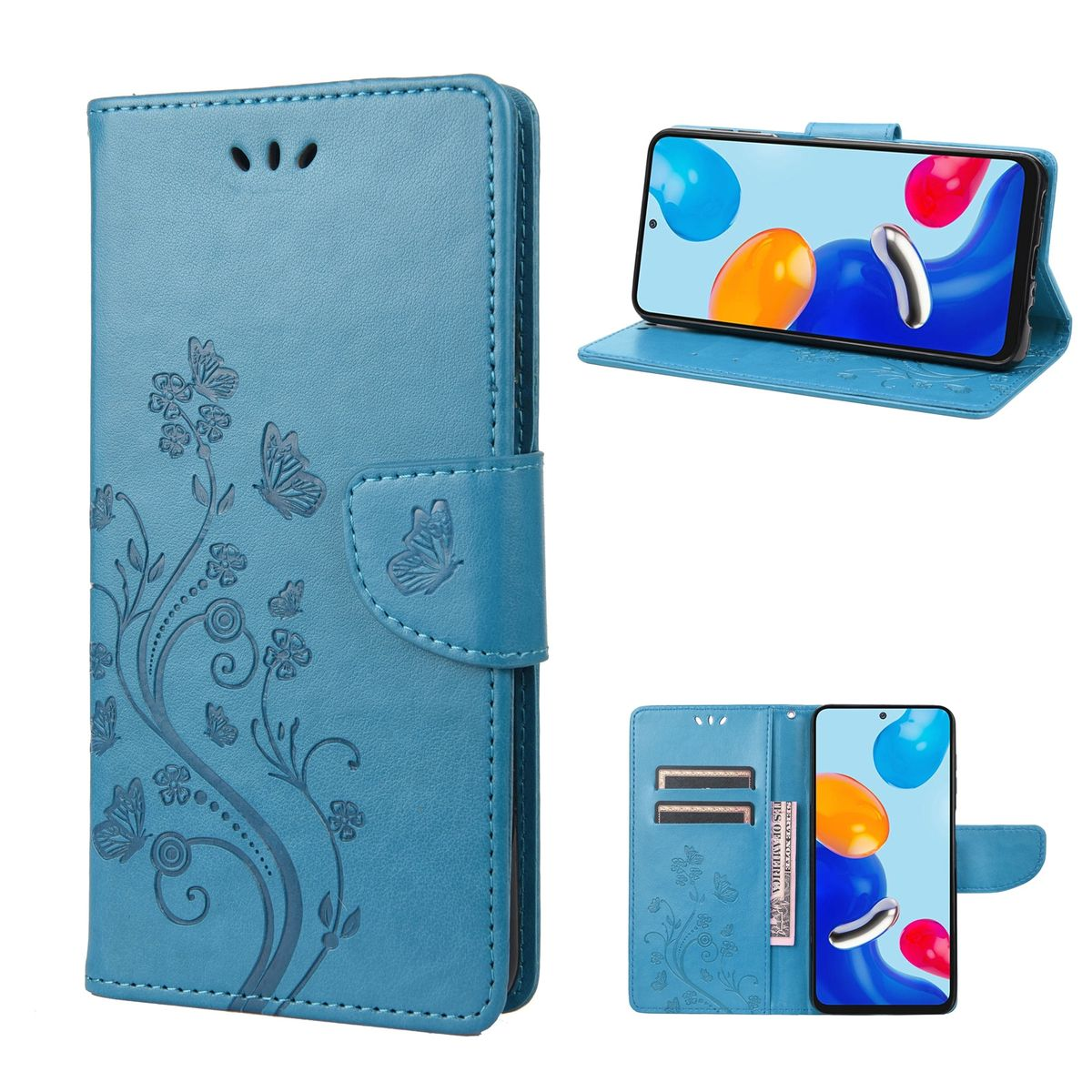 Blaue Handyhülle mit Blumen- und Schmetterlingsmuster. Telefon ist sichtbar. Kartenfächer innen. Mehrere Ansichten.