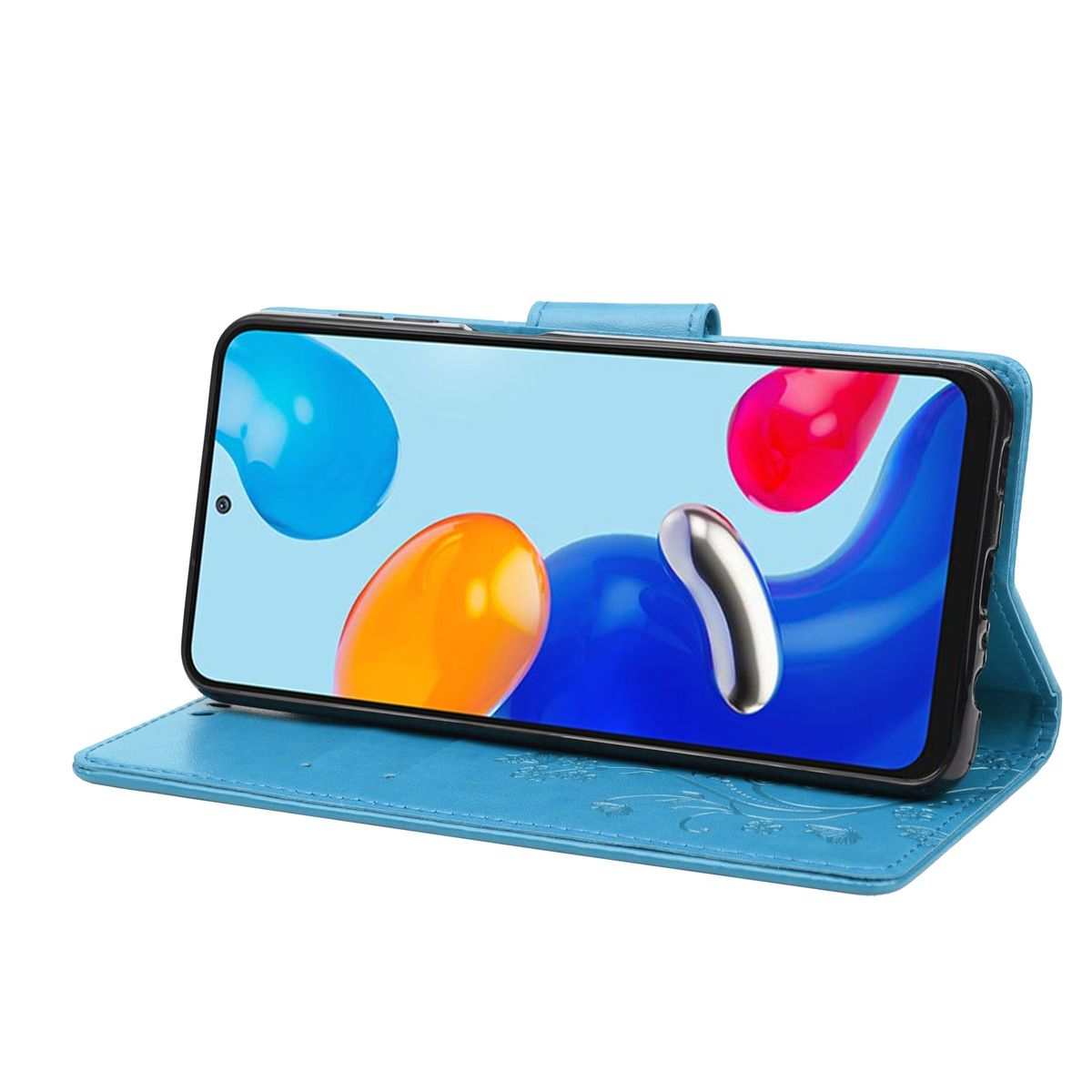 Eine blaue Handyhülle mit einem Telefon darin. Telefon zeigt ein farbenfrohes abstraktes Bild. Hülle ist offen.