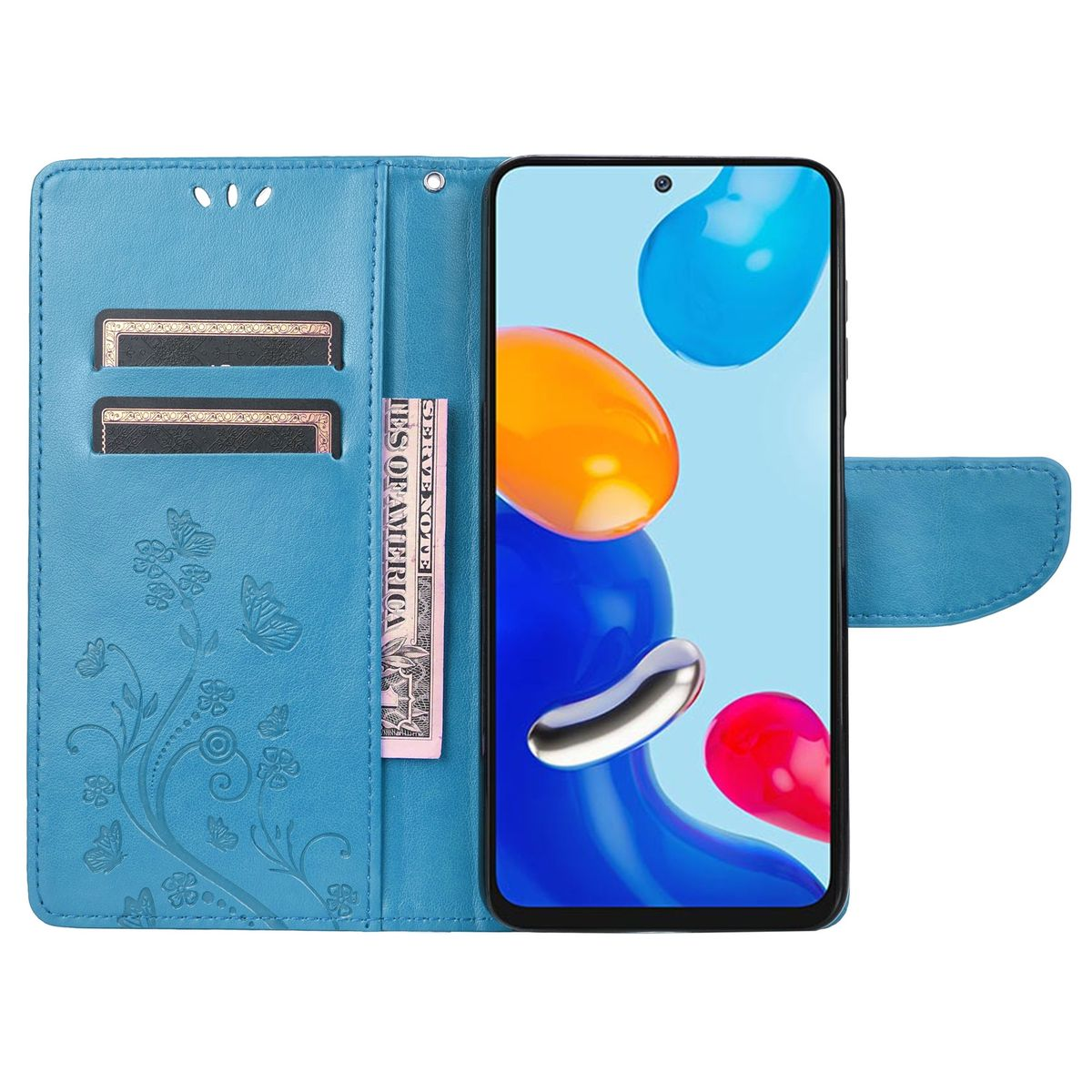 Blaue Handyhülle, offen, Telefon, Karten und Bargeld. Blumendesign und Schmetterlinge.