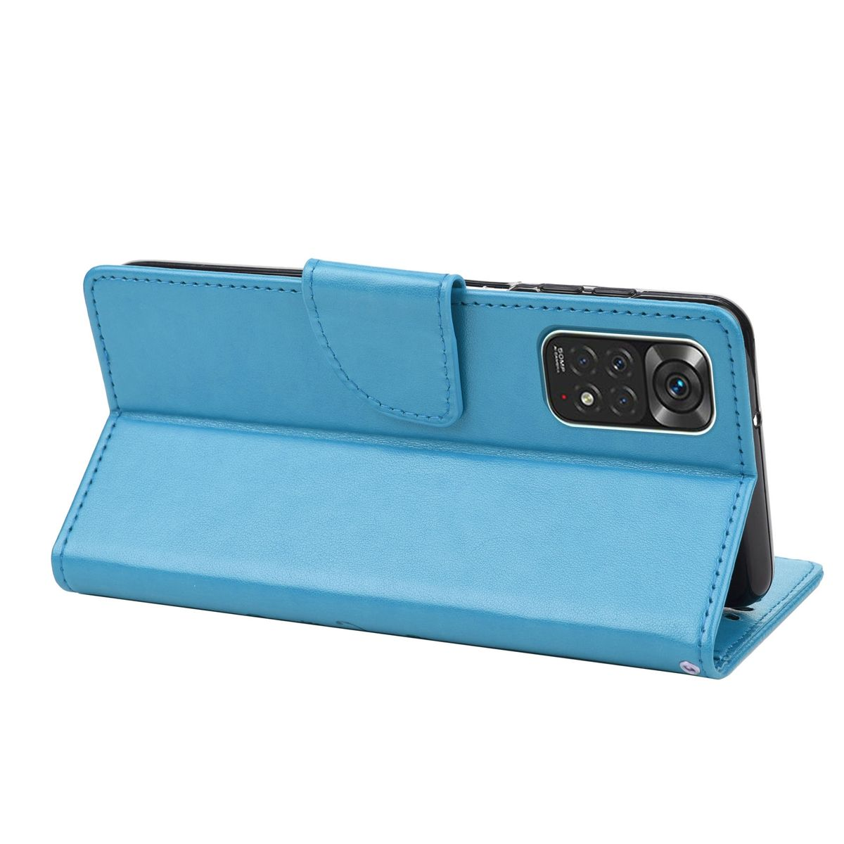 Blaue Handyhülle mit einem Telefon darin. Das Telefon zeigt ein Bild an. Die Hülle ist geöffnet.