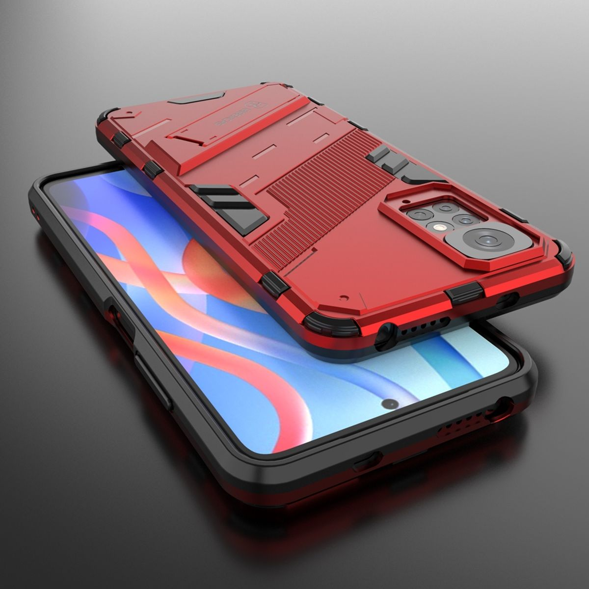 Rote Handyhülle mit schwarz-rotem Design und Telefon im Inneren.