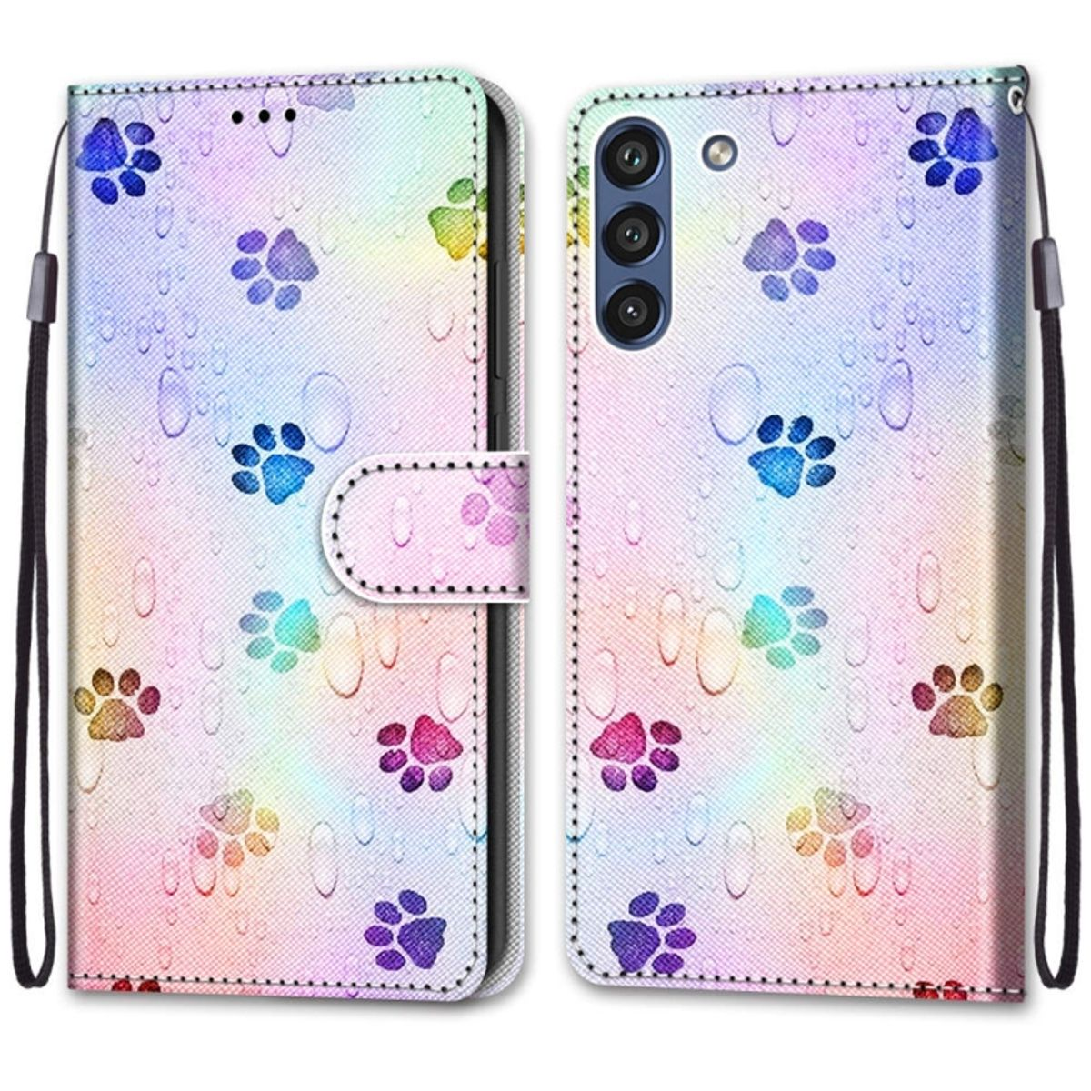 Regenbogen-Pfotenabdruck-Handyhülle, offen, mit Telefon. Pfotenabdrücke sind farbig.