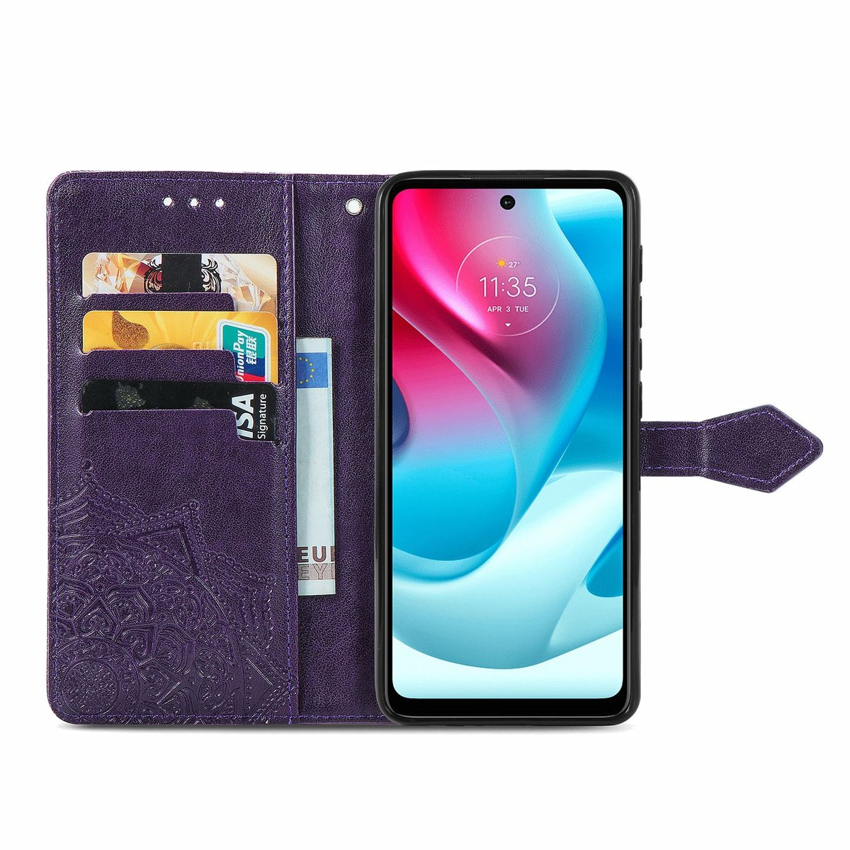 Lila Handyhülle mit Schmetterlingsdesign. Telefon im Inneren zeigt Uhrzeit und Kreditkartenfächer.