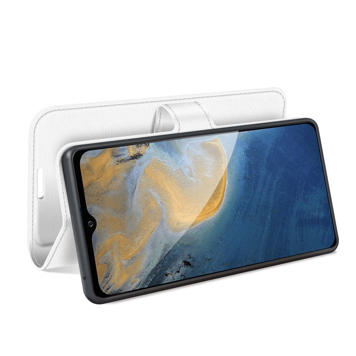 Weiße Handyhülle, offen, mit einem Telefon darin, leicht angewinkelt, zeigt den Bildschirm.