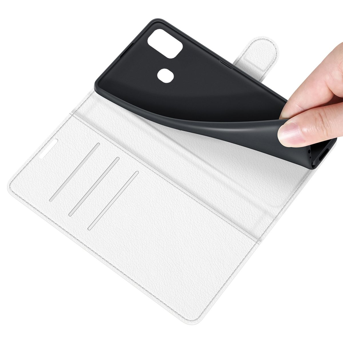 Weiße Handyhülle mit einem Telefon, das hineingelegt wird. Die Hülle hat Kartenfächer.