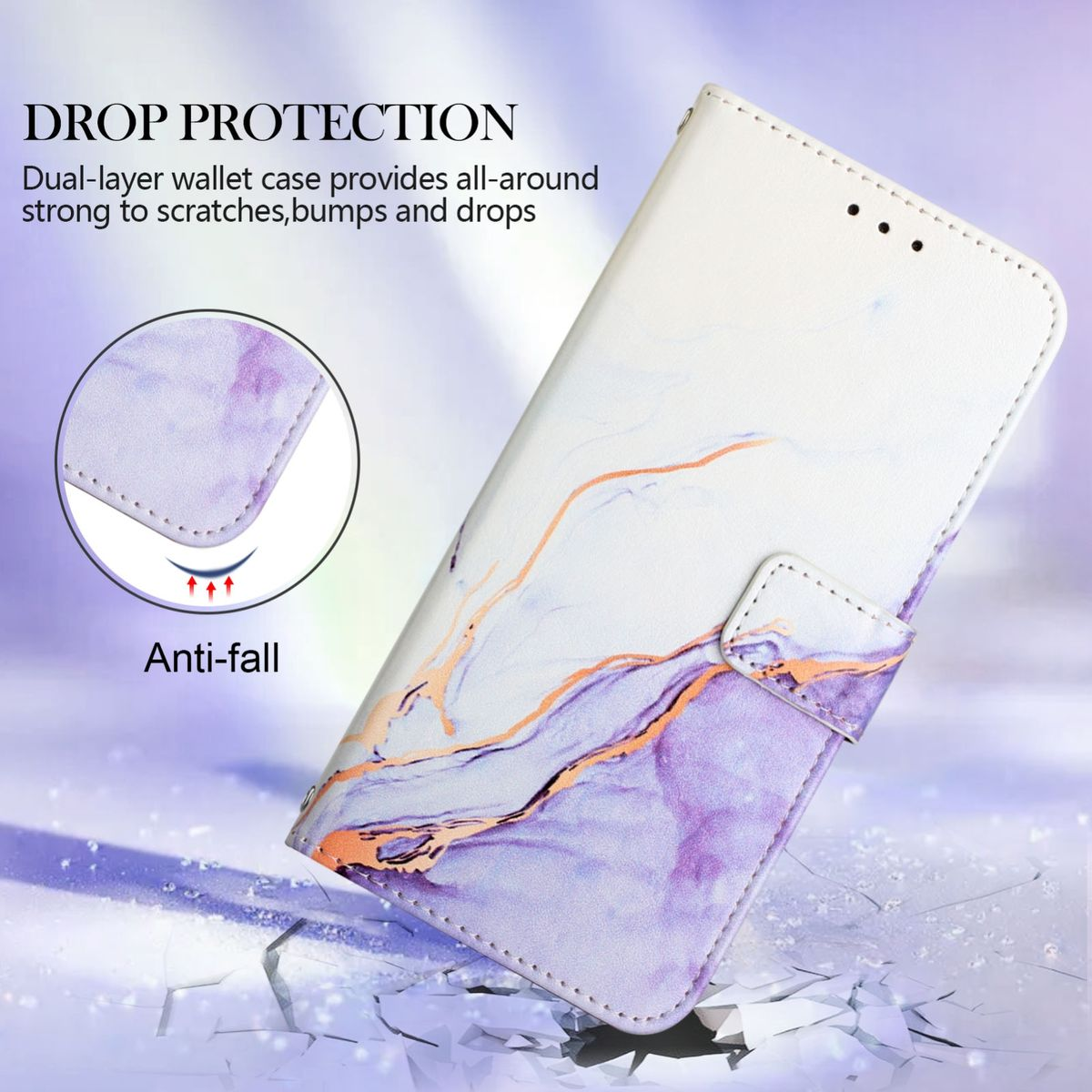 Handyhülle, weiß mit lila Marmordesign. Teilweise geöffnet, mit Text Anti-fall. Weißer Hintergrund.