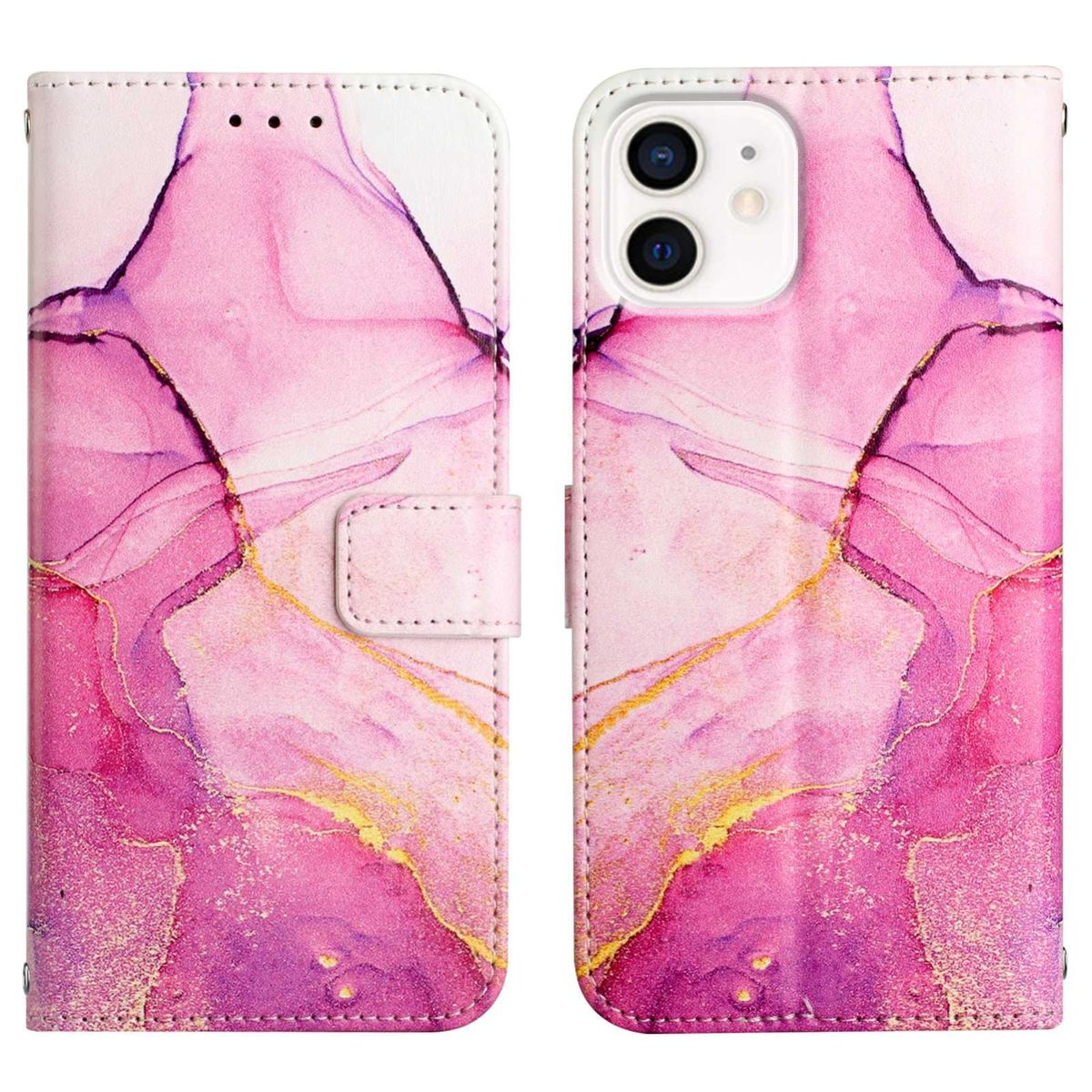 Rosa-lila Handyhülle, offen, mit Telefon. Abstraktes rosa-lila Design.