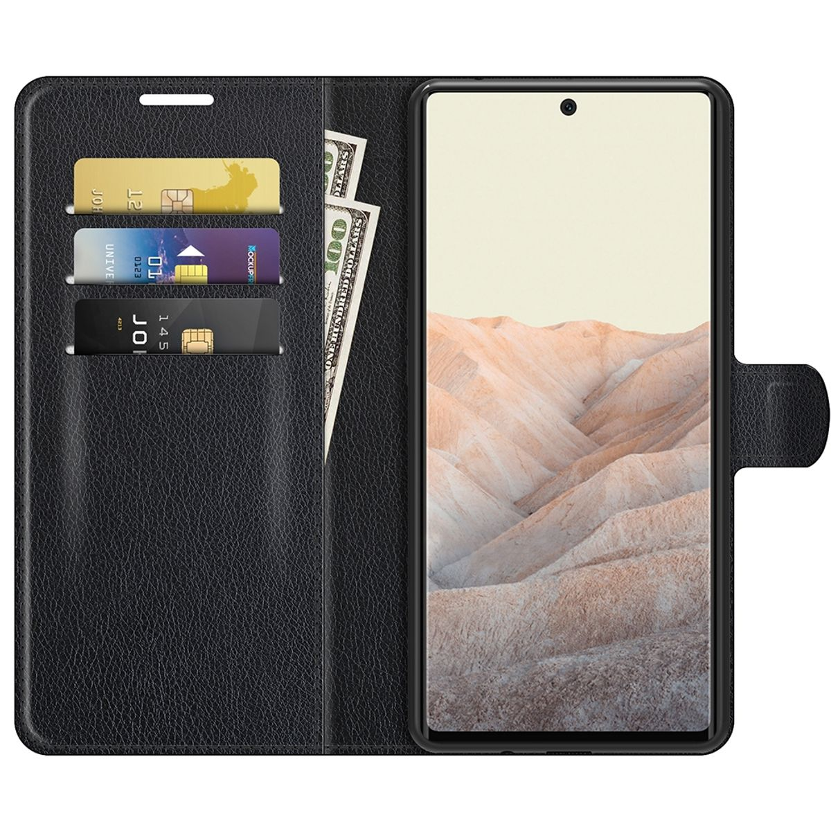 Schwarze Leder-Handyhülle offen, mit Karten und Geld sichtbar. Telefon innen. Weißer Hintergrund.
