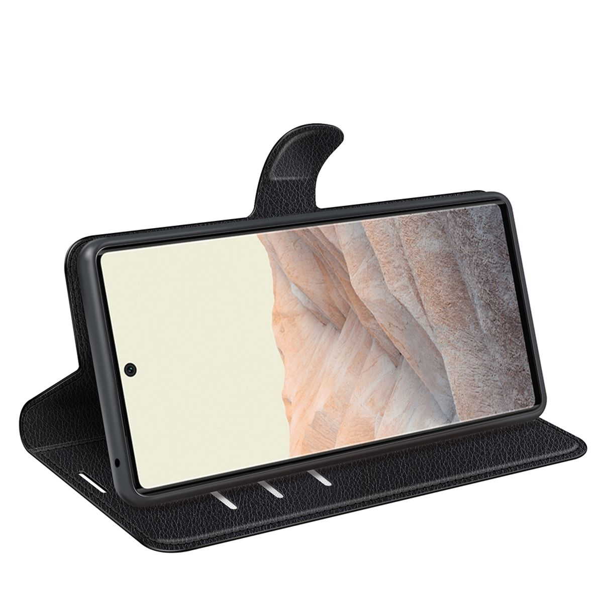Schwarzes Leder-Handycase mit geöffnetem Handy. Weißer Hintergrund.