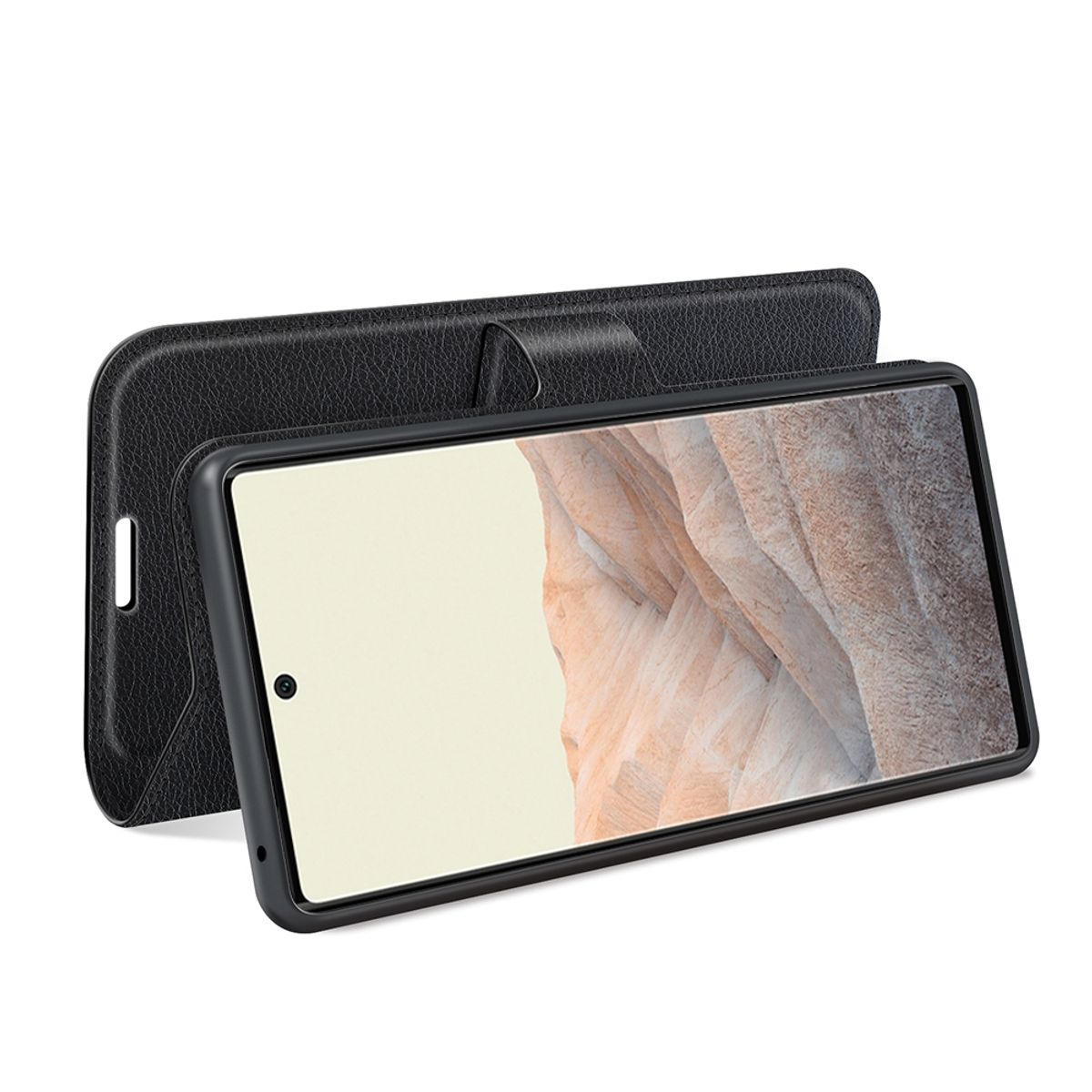 Schwarze Handyhülle mit Telefon. Die Hülle ist geöffnet, mit Karten und Telefon.