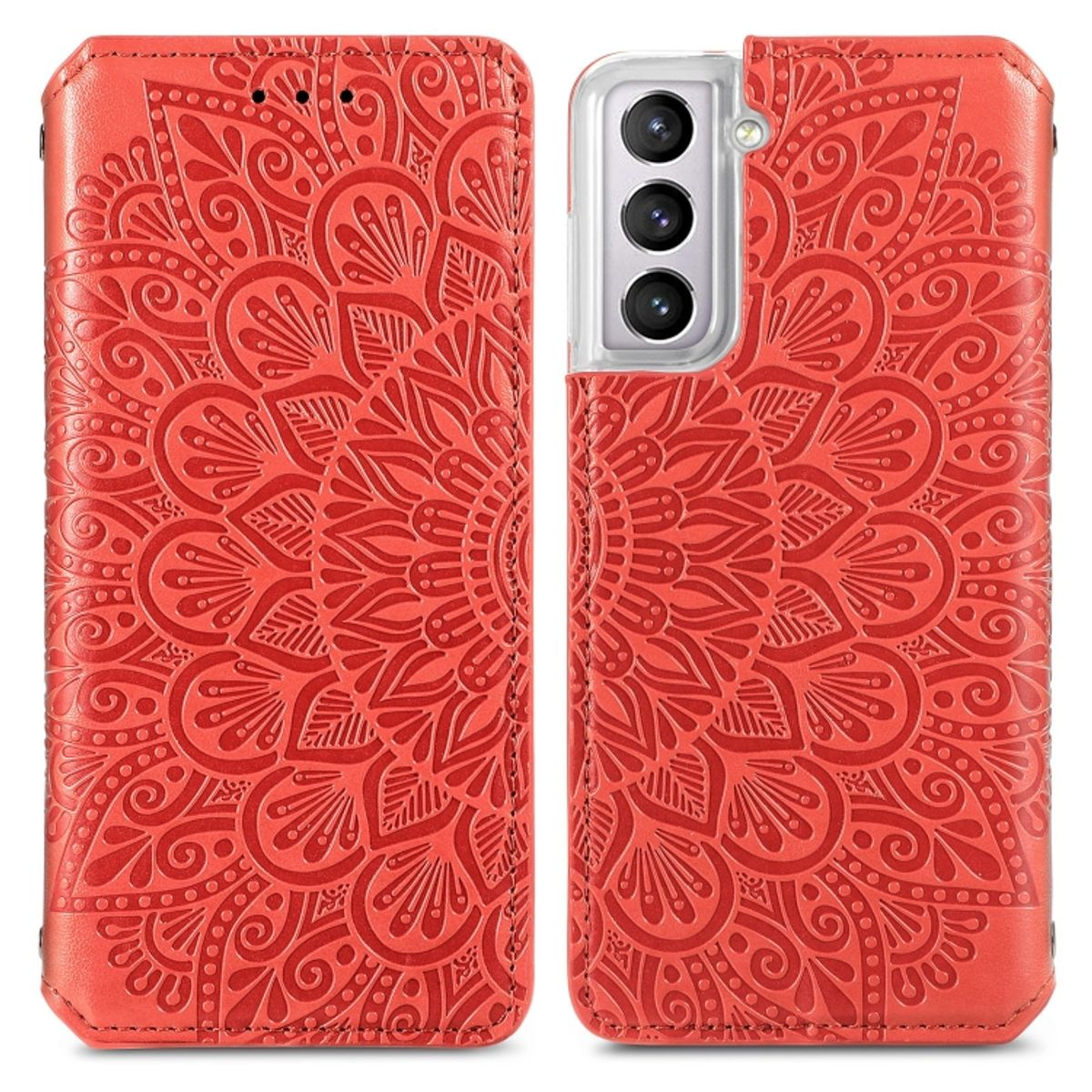 Rote geprägte Leder-Handyhülle mit Mandala-Design. Das Telefon ist geschlossen und zeigt das Design.